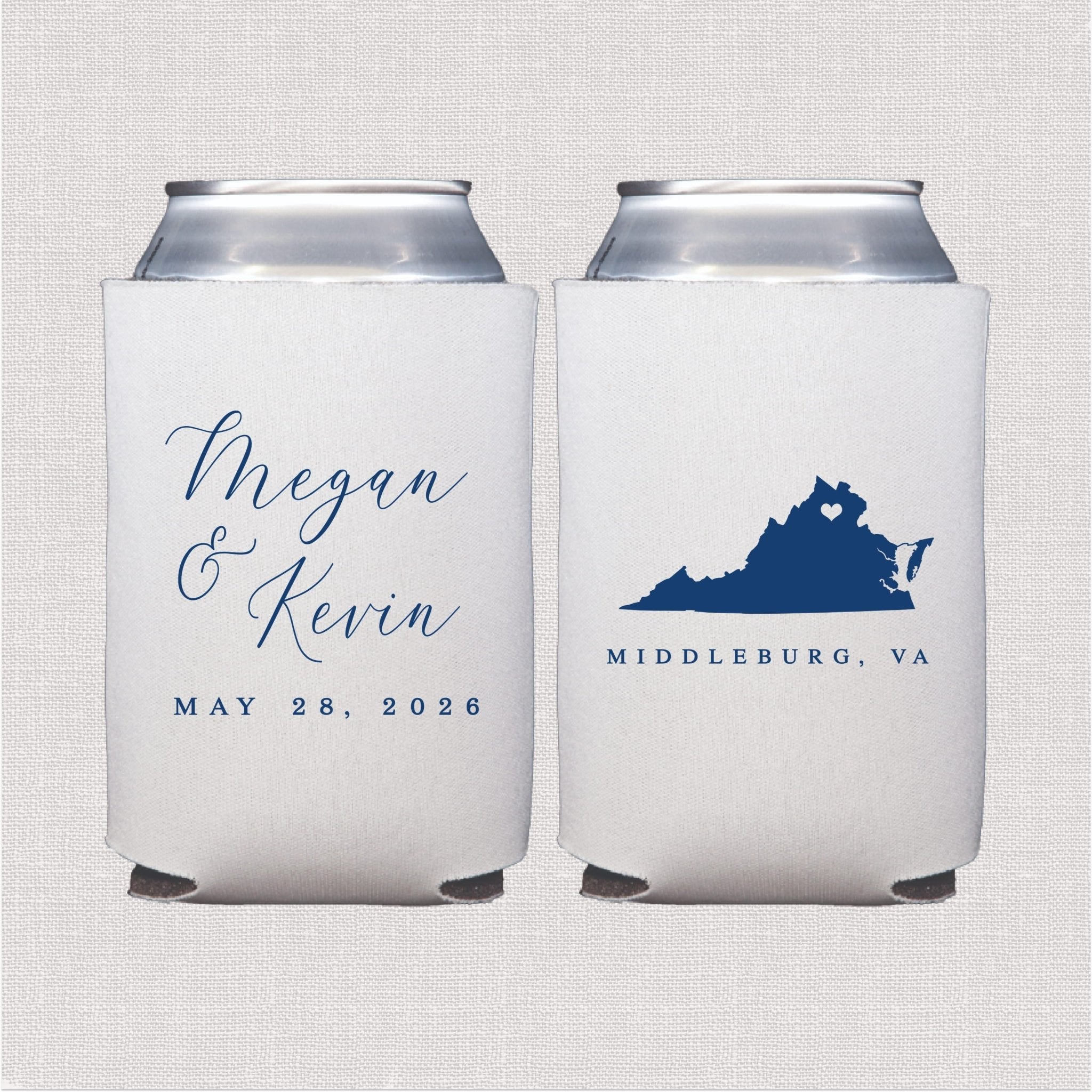 White can cooler with blue script couple text and state silhouette design