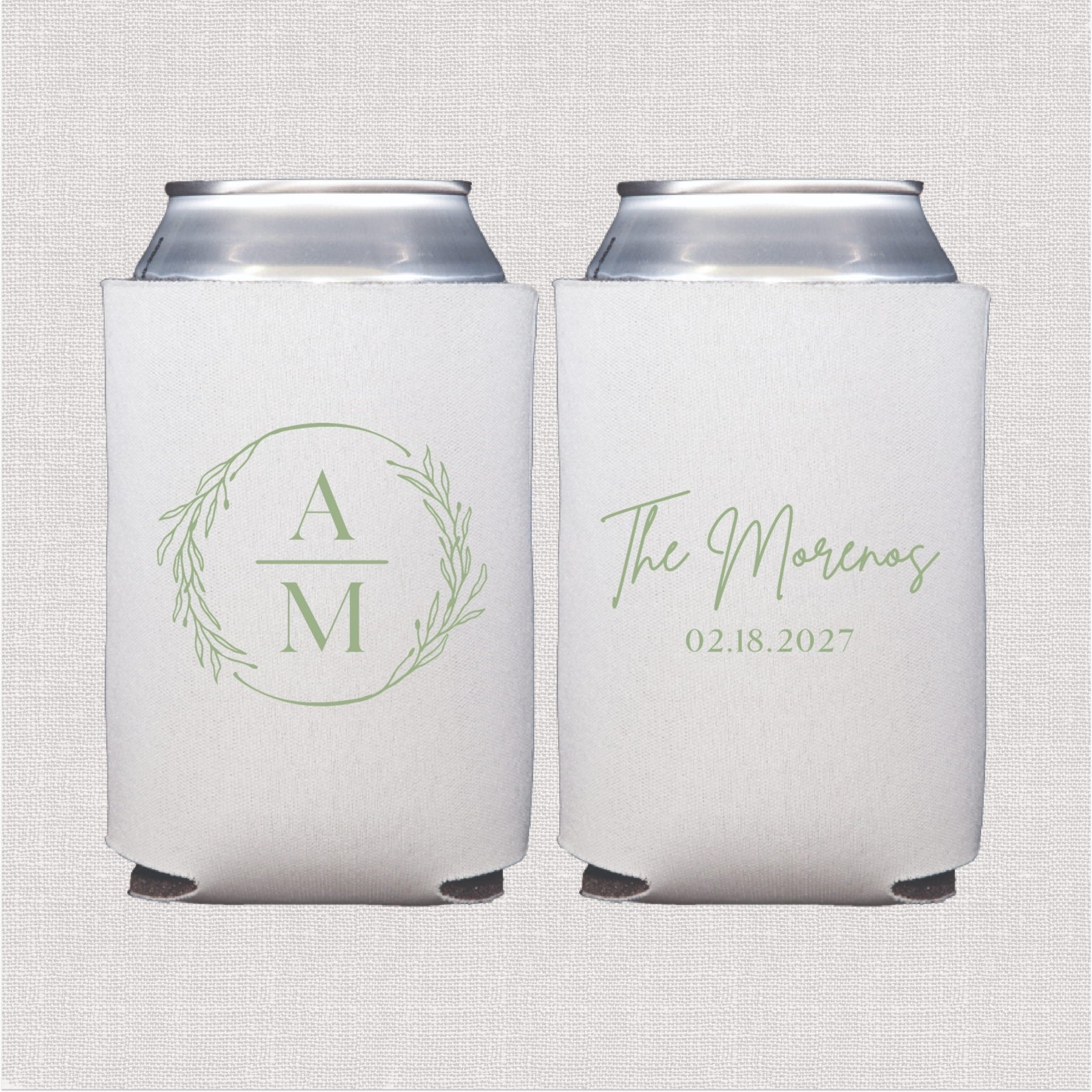 White can cooler with sage green monogram wreath design and personalized wedding text