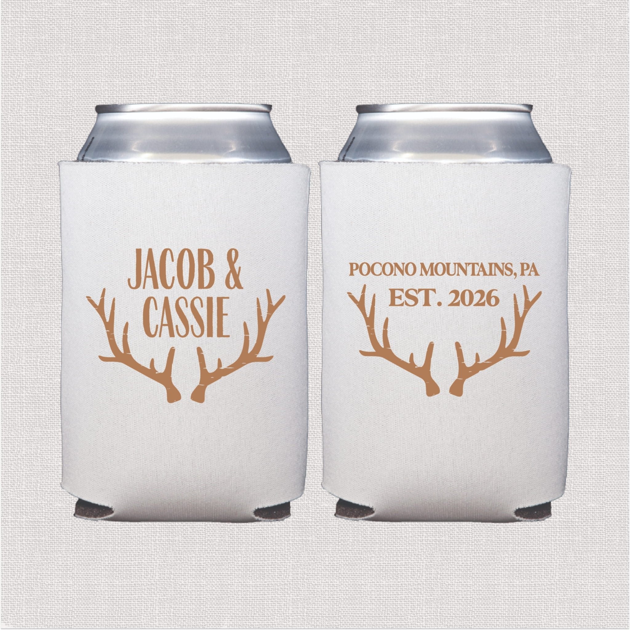 White can cooler with tan antler design and personalized wedding text