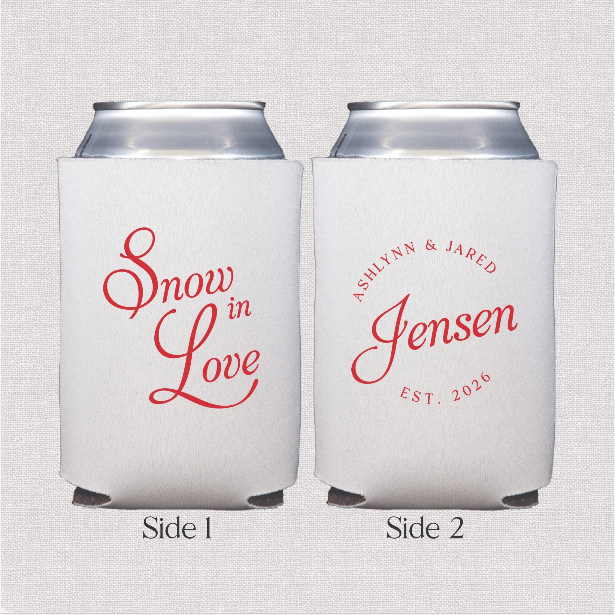 White can cooler with coral script wedding text and personalized couple names design, two-sided print