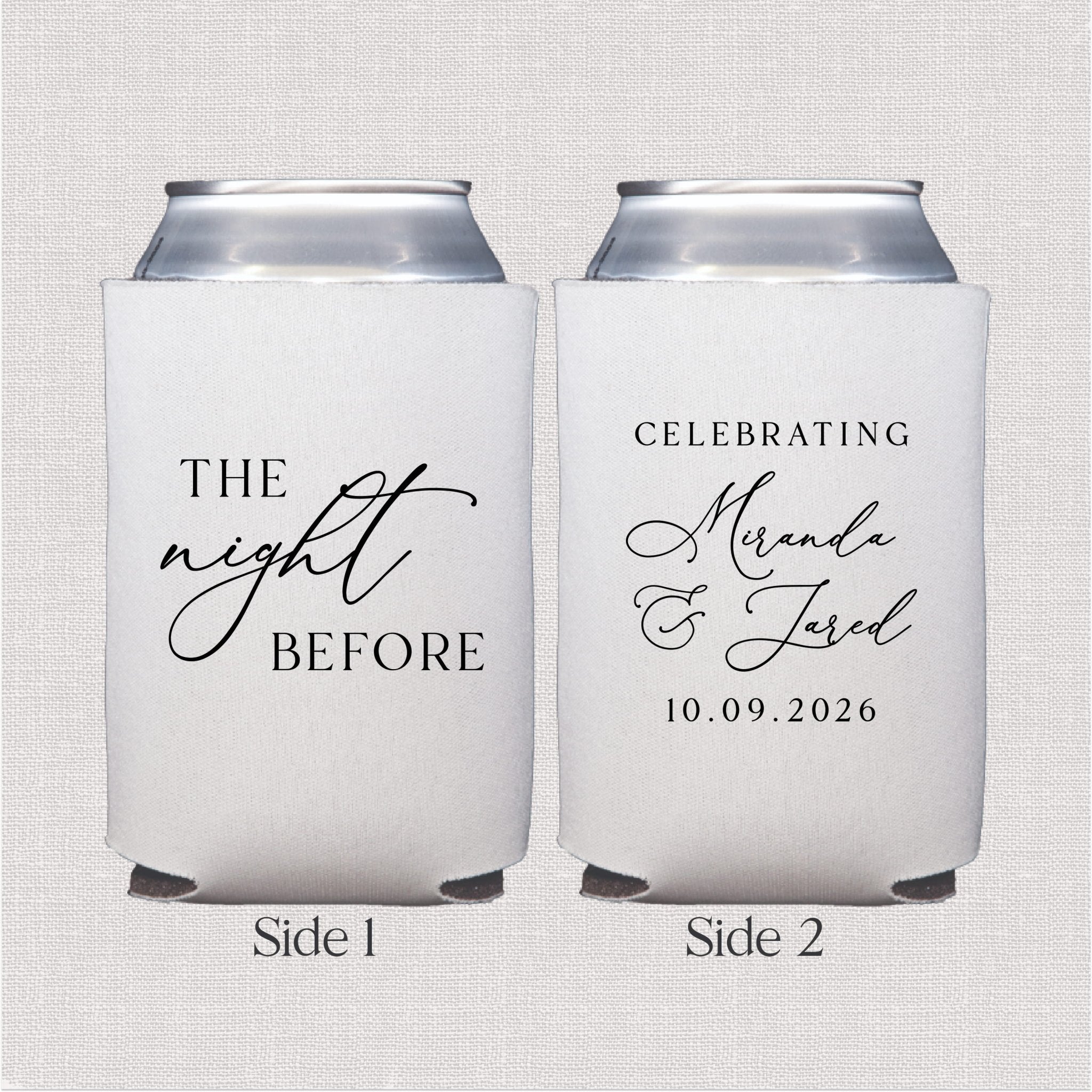 White can cooler with script wedding text design on two sides