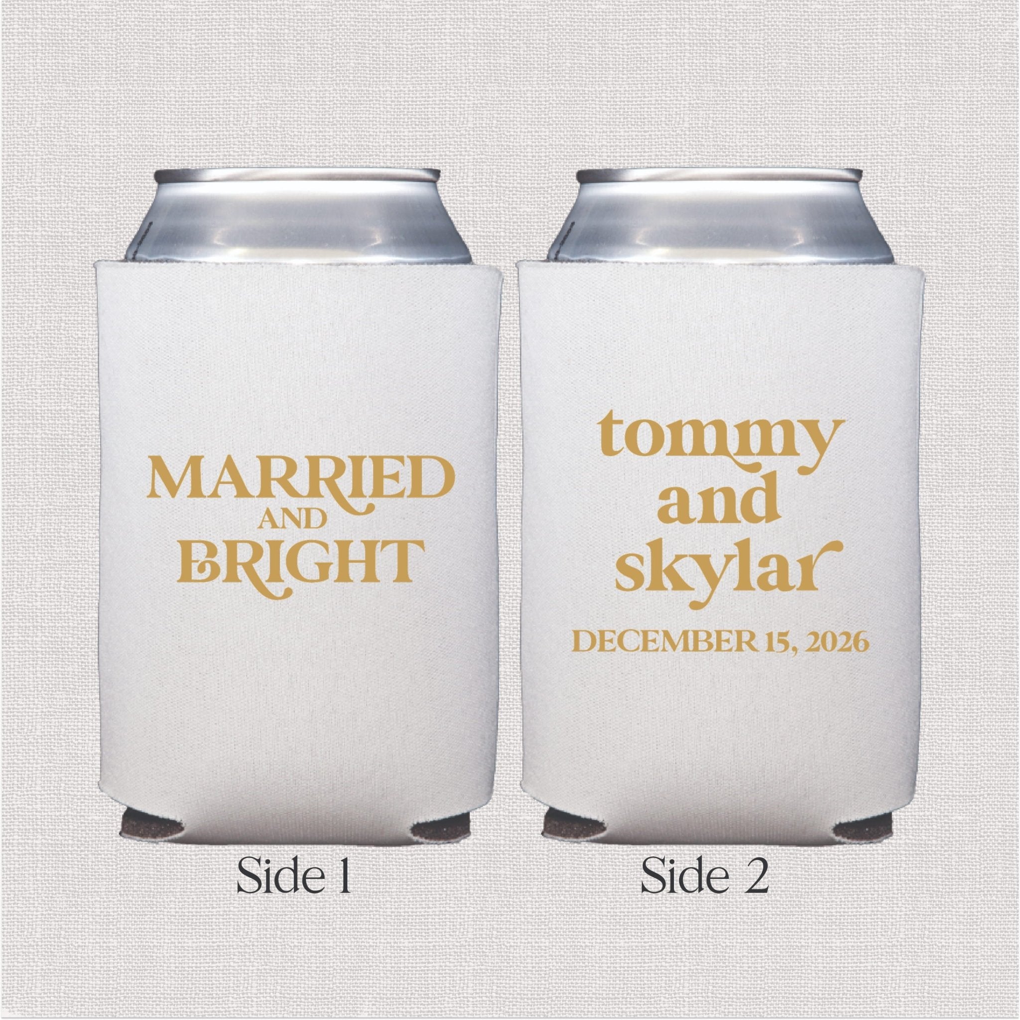 White can cooler with gold personalized text text and personalized couple names with wedding date