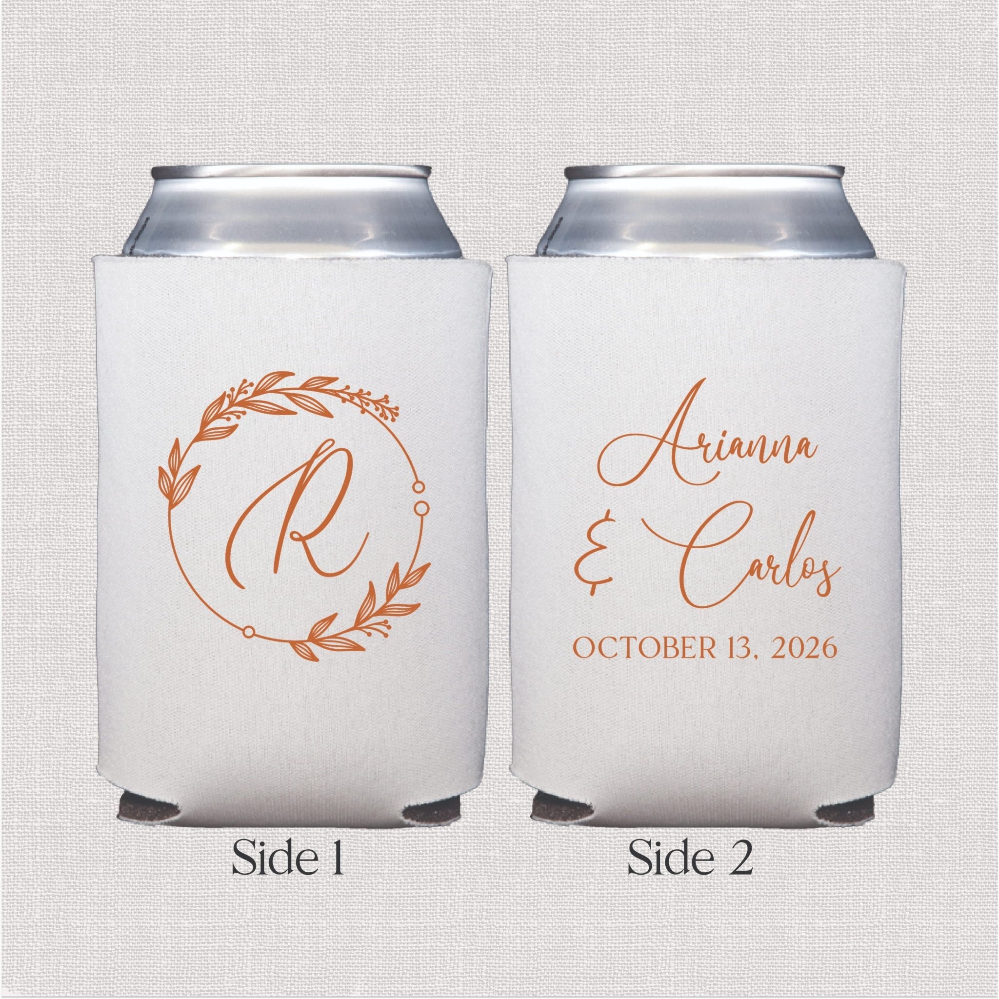White can cooler with coral monogram wreath design and personalized wedding text