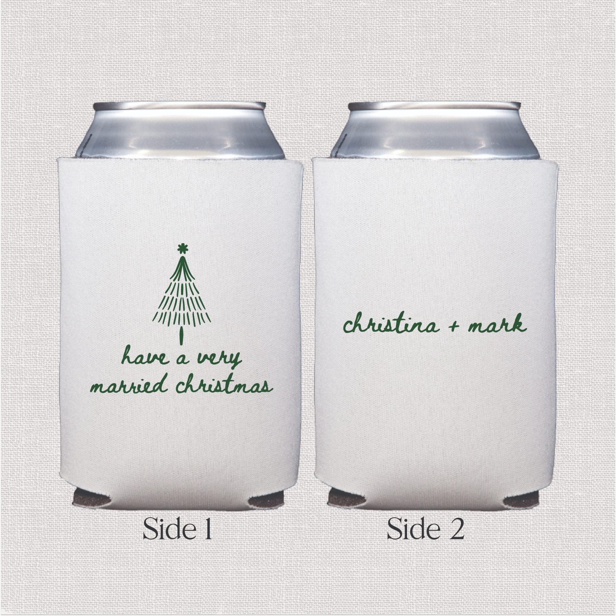 White can cooler with green Christmas tree and personalized wedding text design