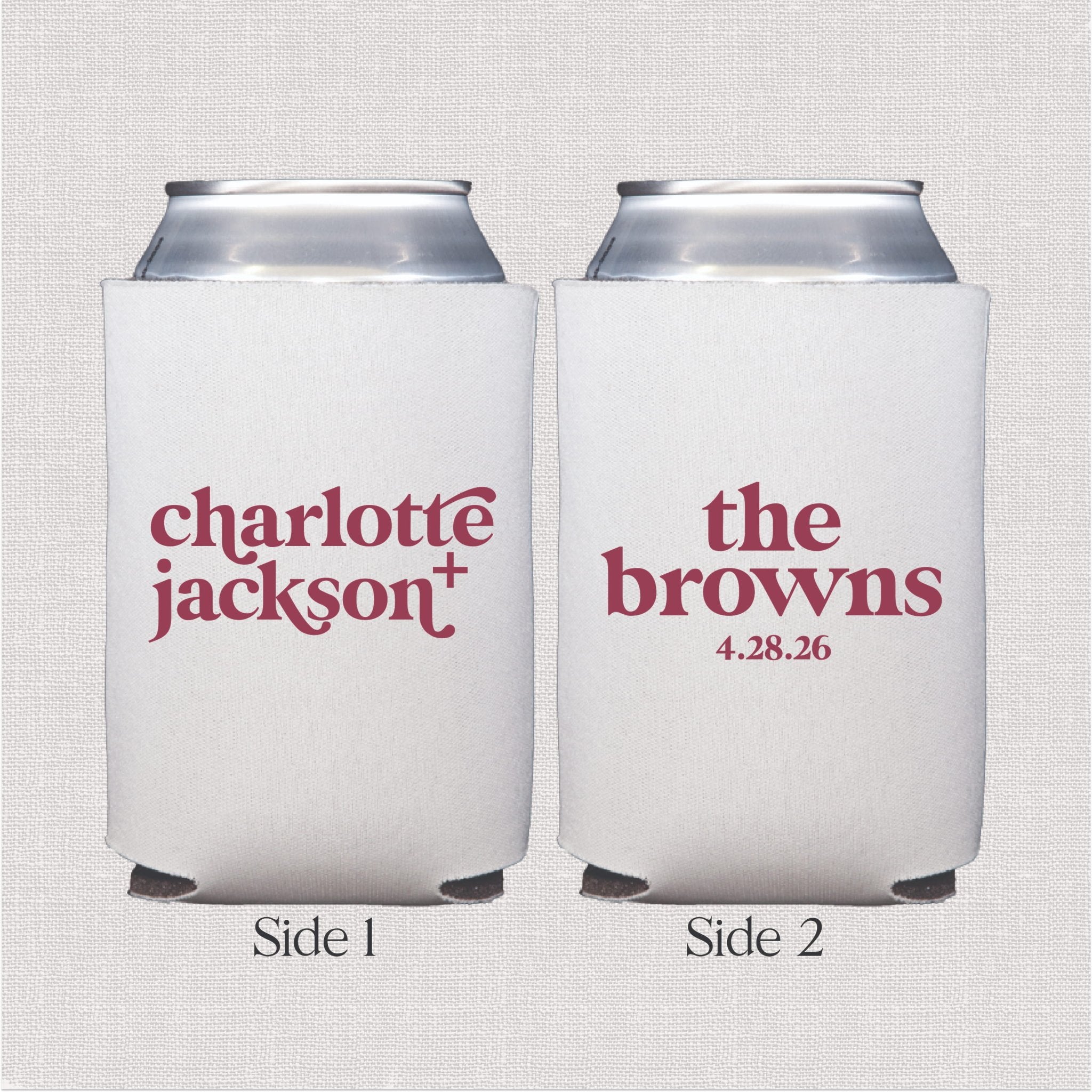 White can cooler with burgundy personalized wedding text and date on both sides