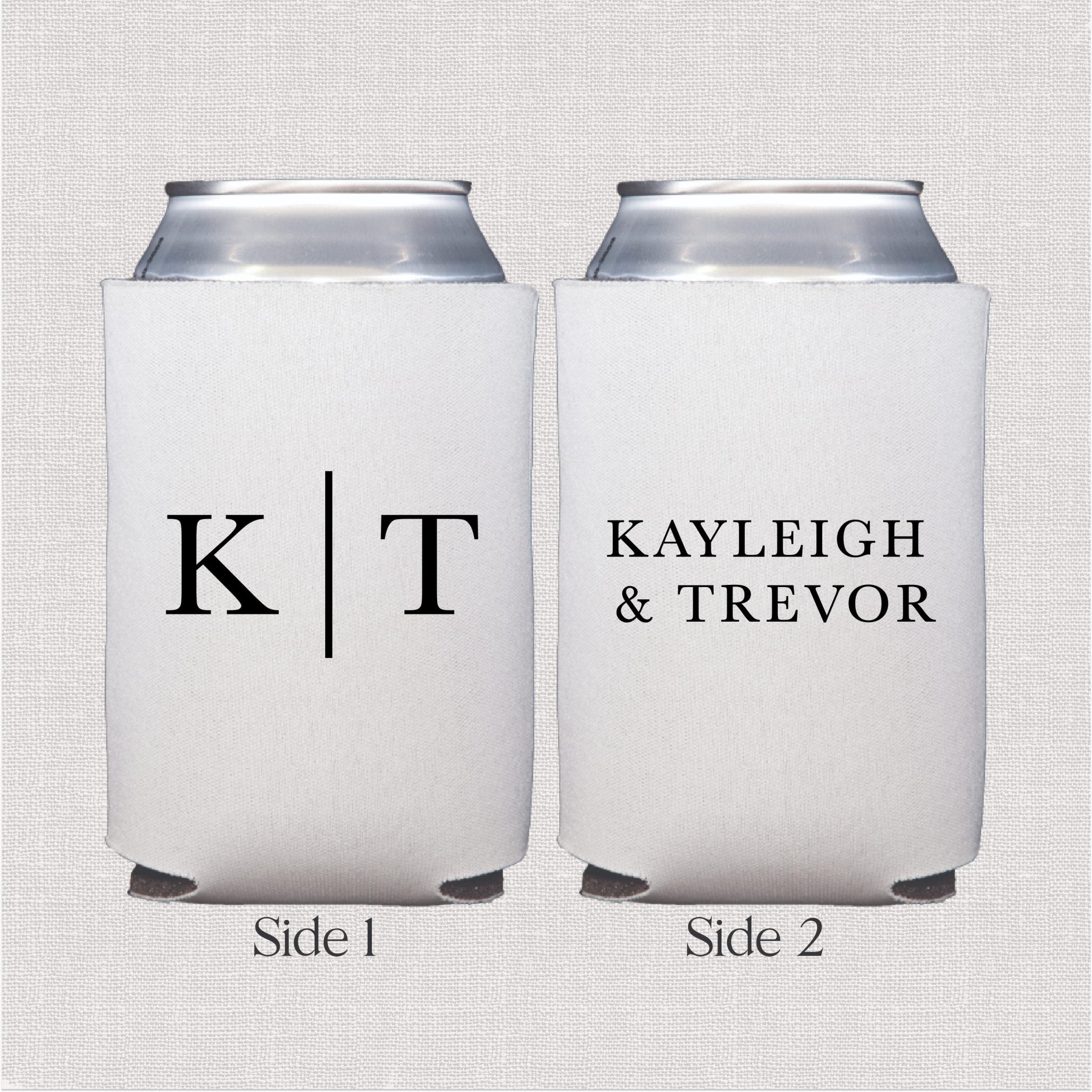 White can cooler with personalized monogram and couple names wedding design on both sides