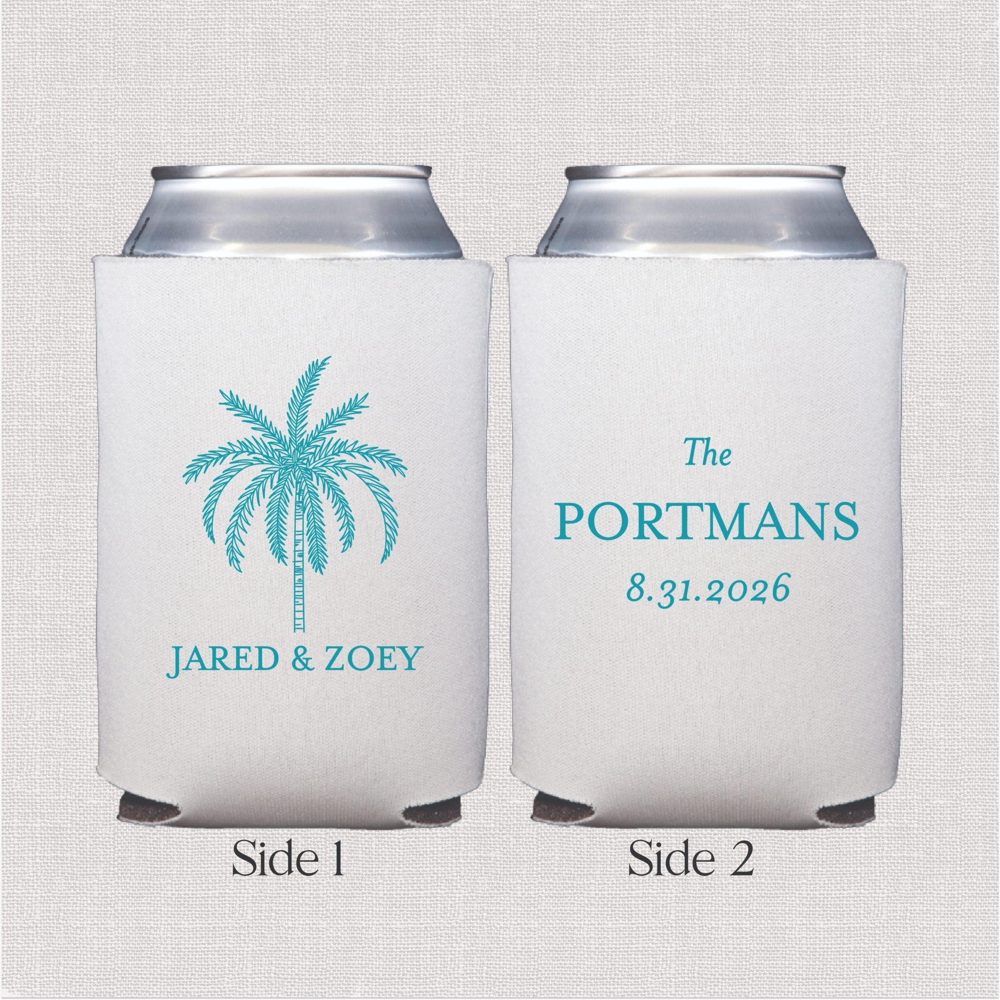 White can cooler with turquoise palm tree and personalized wedding text design