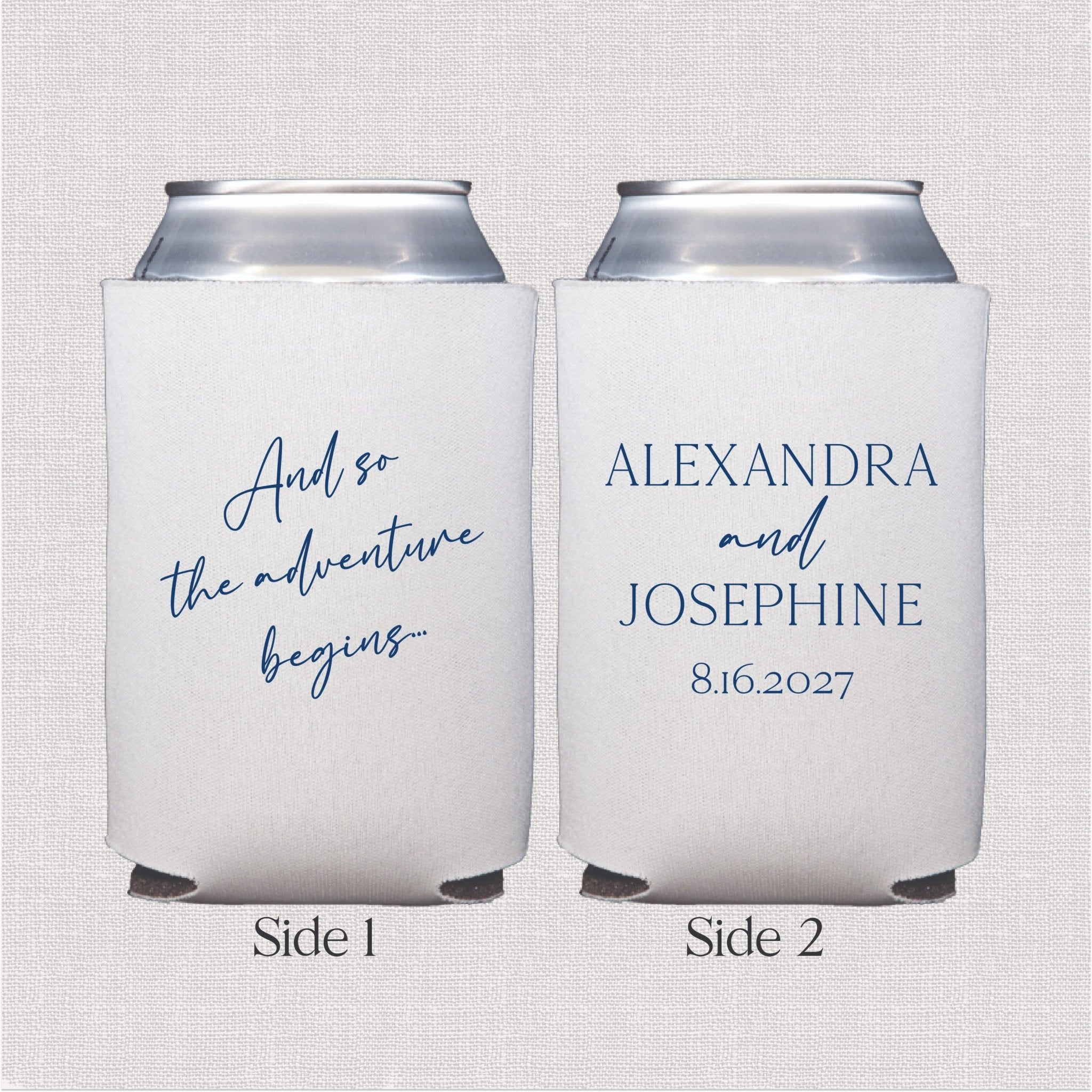 White can cooler with personalized wedding text and date in blue script design, double-sided print