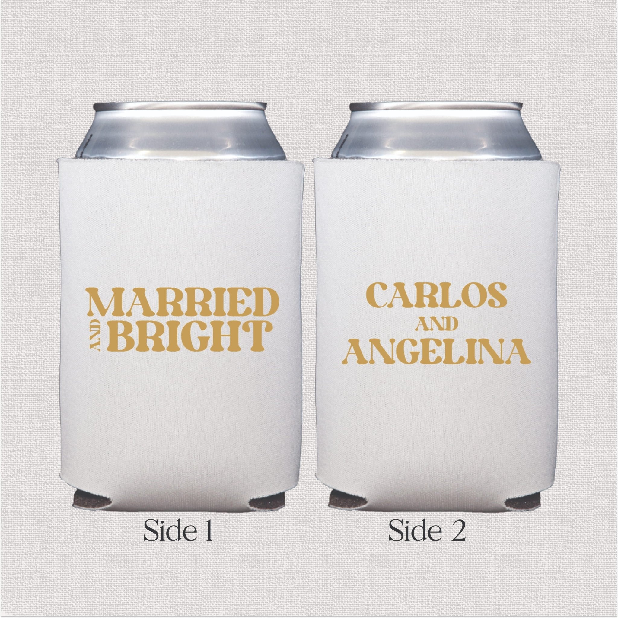White can cooler with gold foil personalized text text and personalized couple names on sides