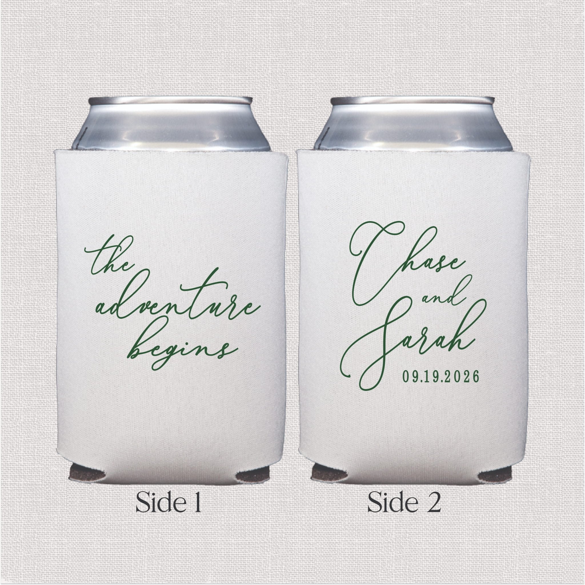 White can cooler with sage green script wedding text and personalized couple names with date