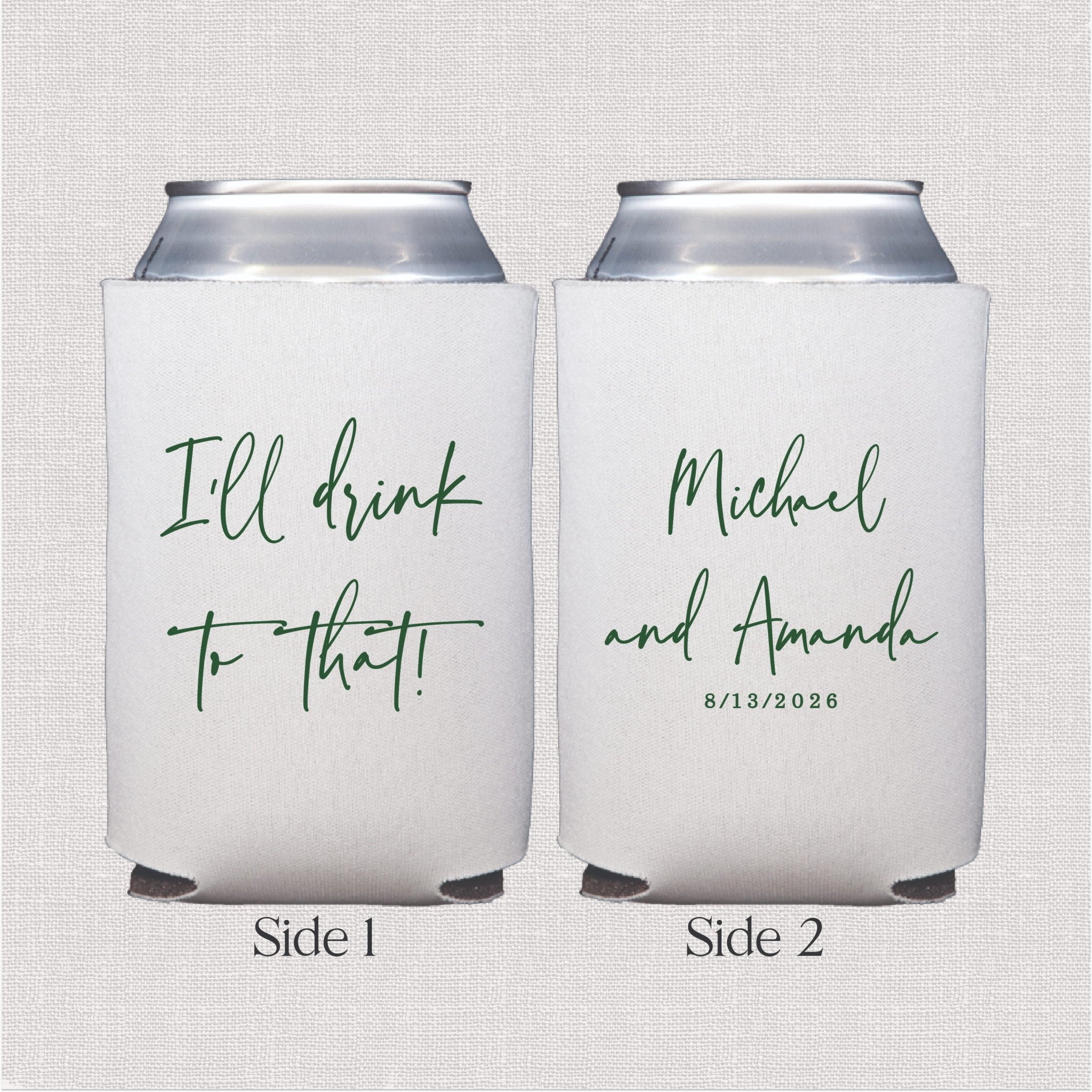 White can cooler with personalized wedding text in script font, two-sided design with couple names and date