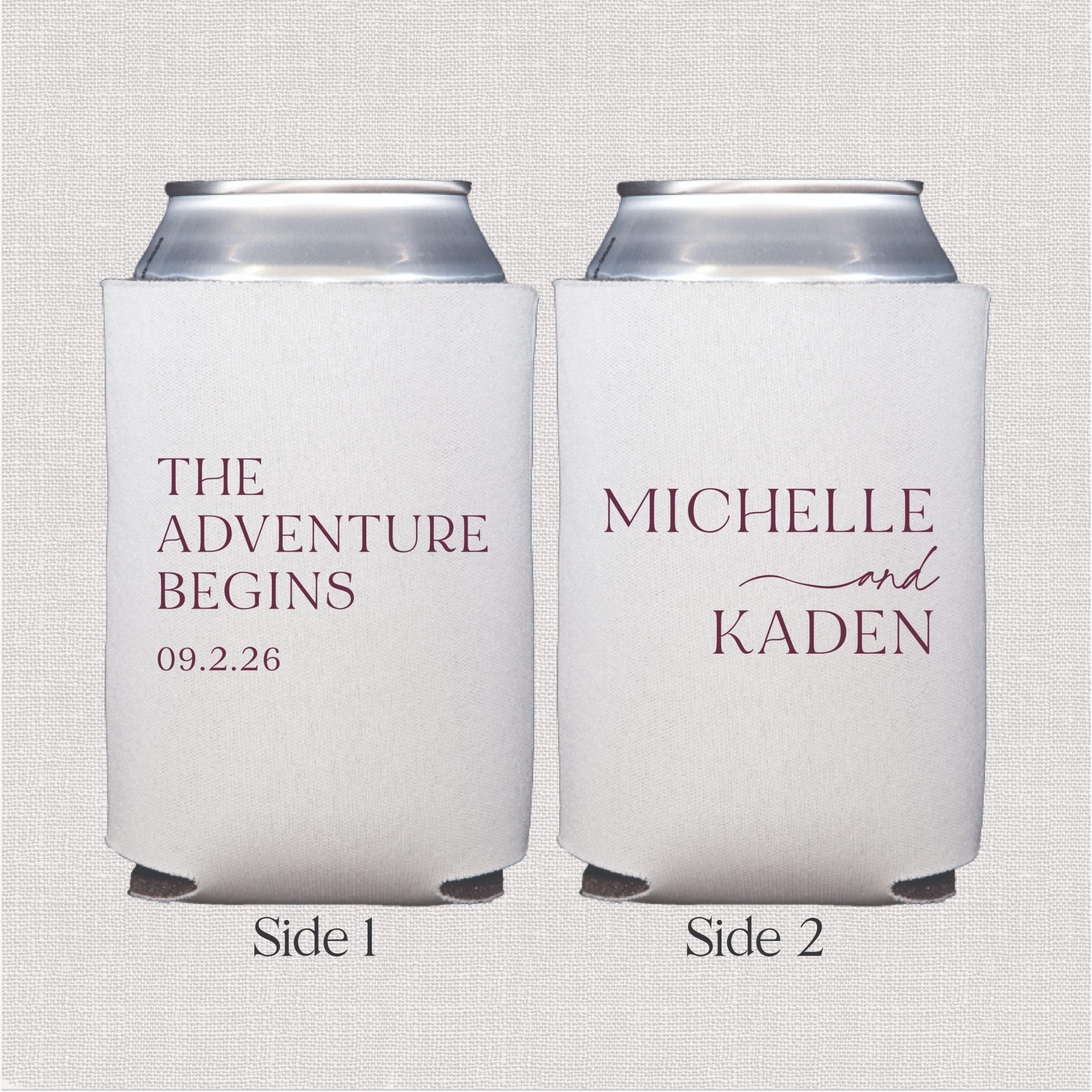 White can cooler with personalized wedding text and couple names in purple print, double-sided design