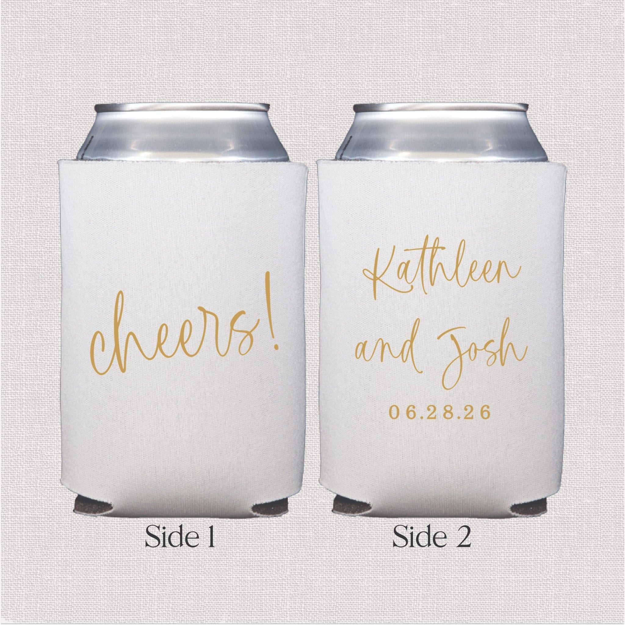 White can cooler with gold script cheers text and personalized couple names with wedding date on reverse side