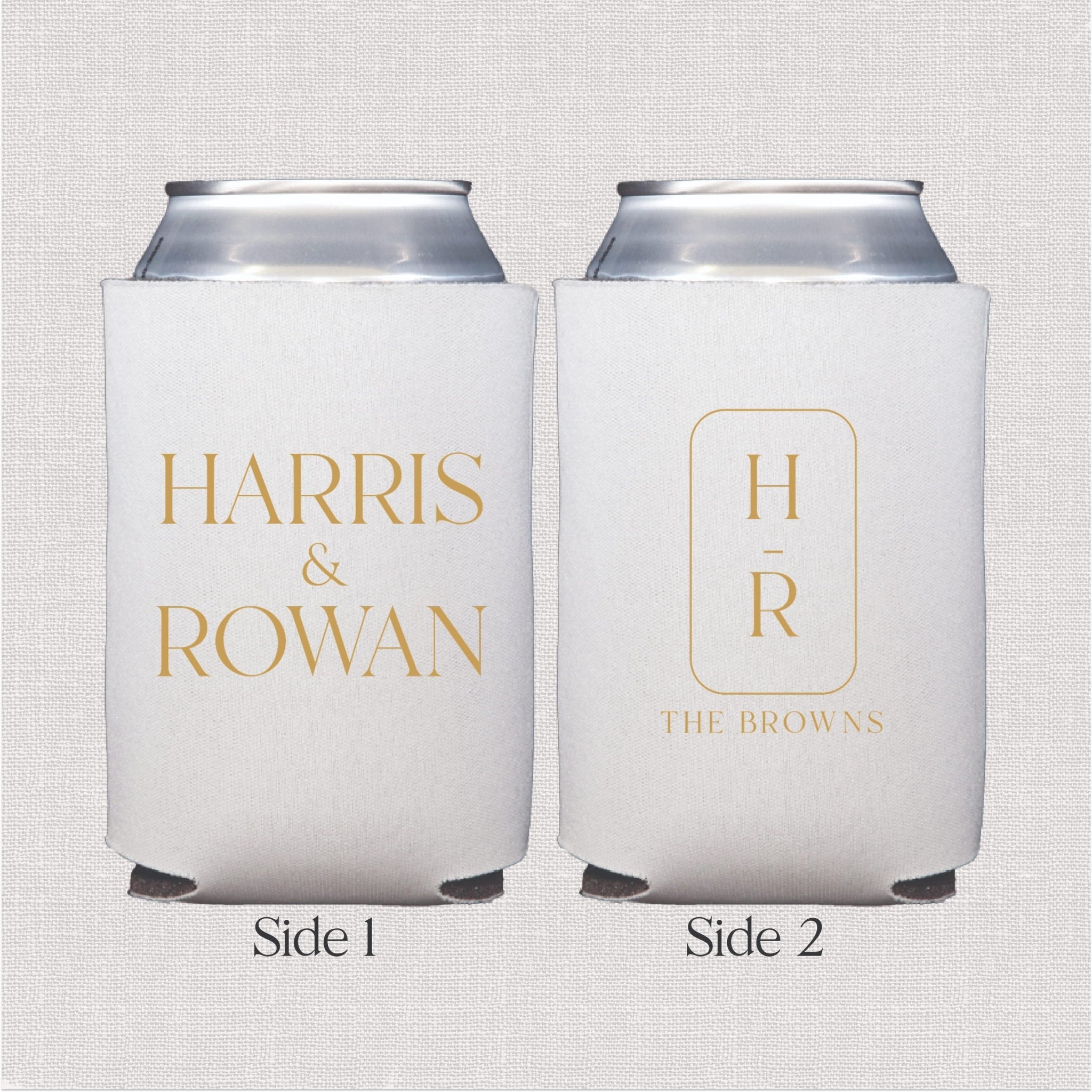 White can cooler with gold foil monogram and personalized wedding text design, two-sided print.