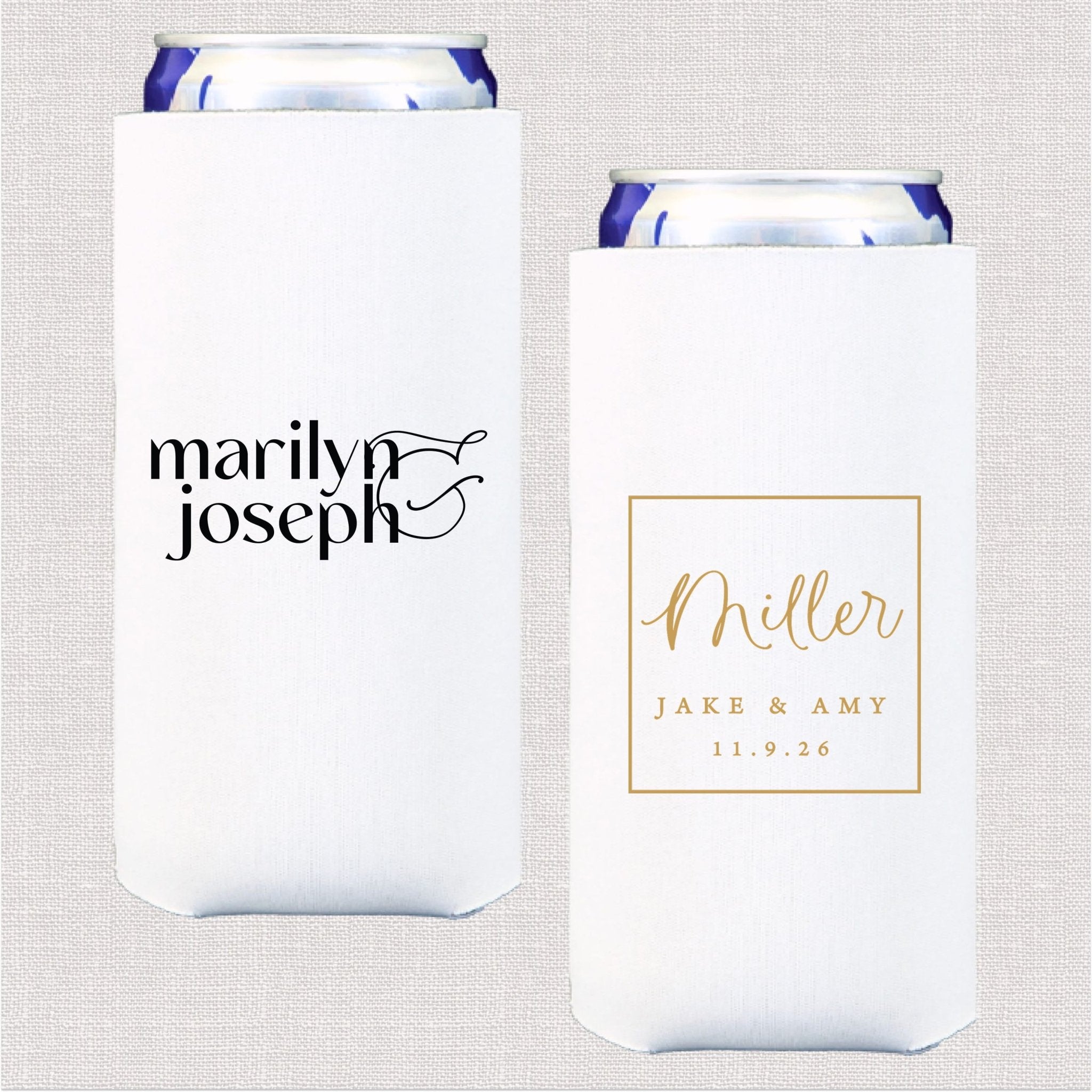 White slim can coolers with personalized couple names and wedding date in black script and gold foil designs