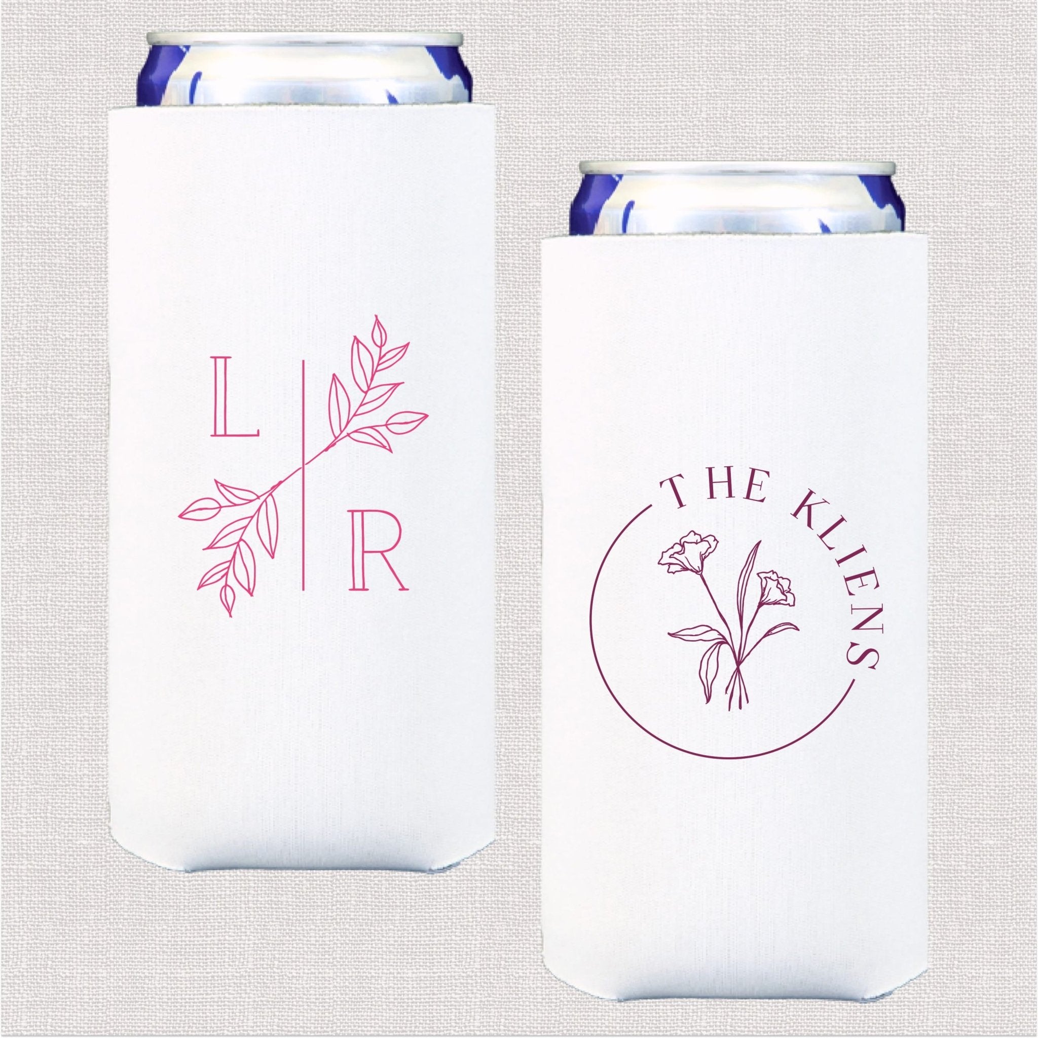 White slim can coolers with pink line art floral monogram and botanical circle designs