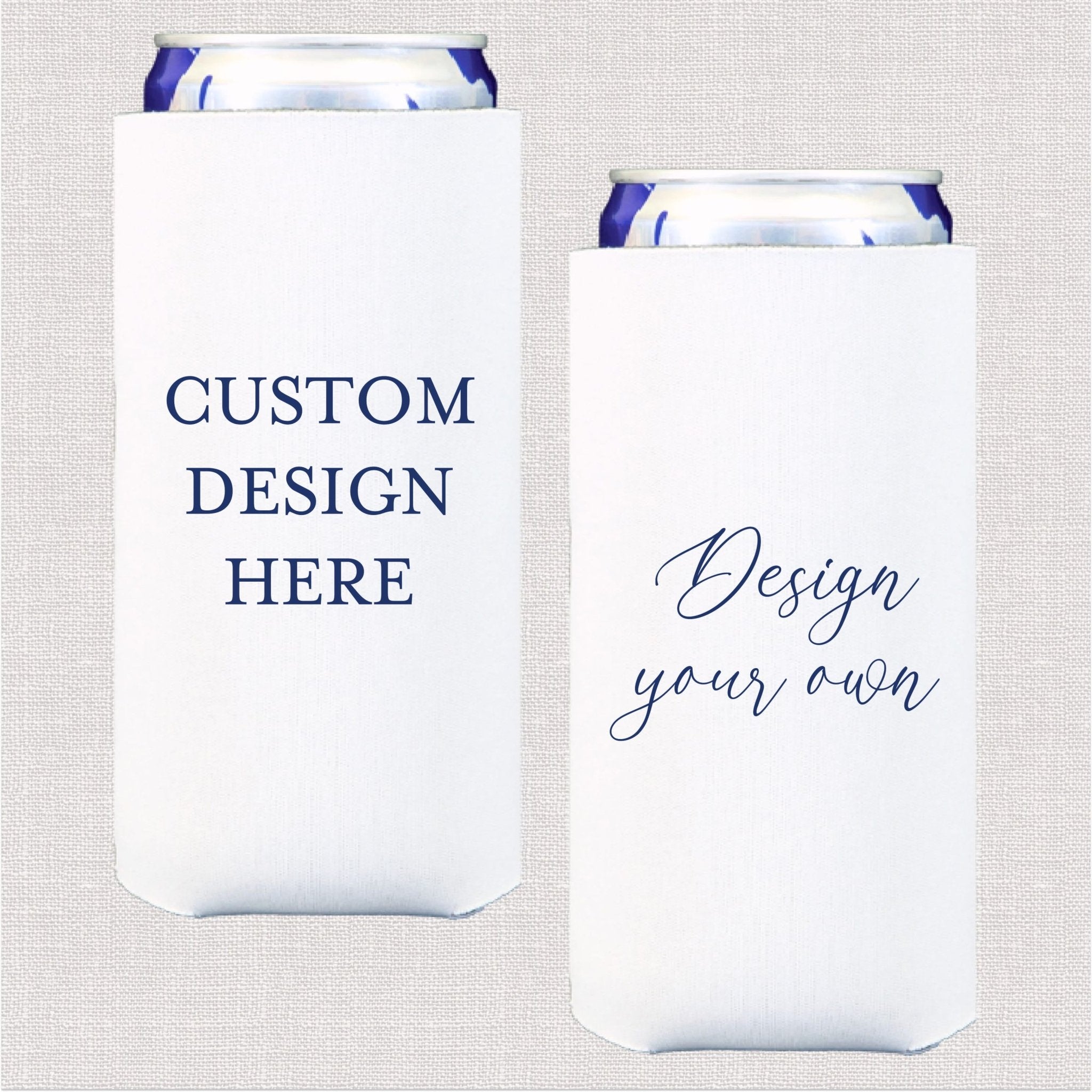 White slim can coolers with personalized custom text design in navy blue script