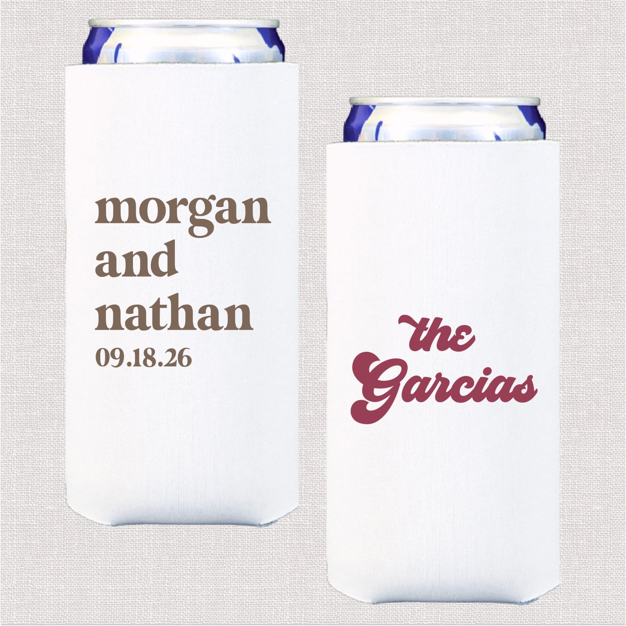 White slim can coolers with personalized couple names and wedding date in brown and burgundy script text