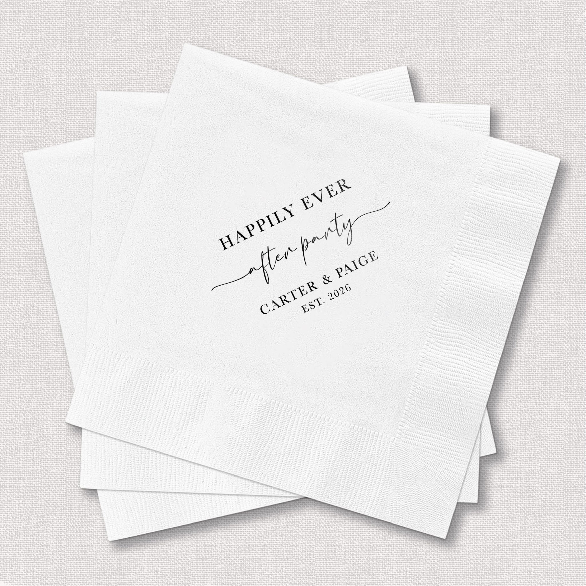 White cocktail napkins with "Happily Ever After" and "Carter & Paige EST 2025" in black foil stamped text