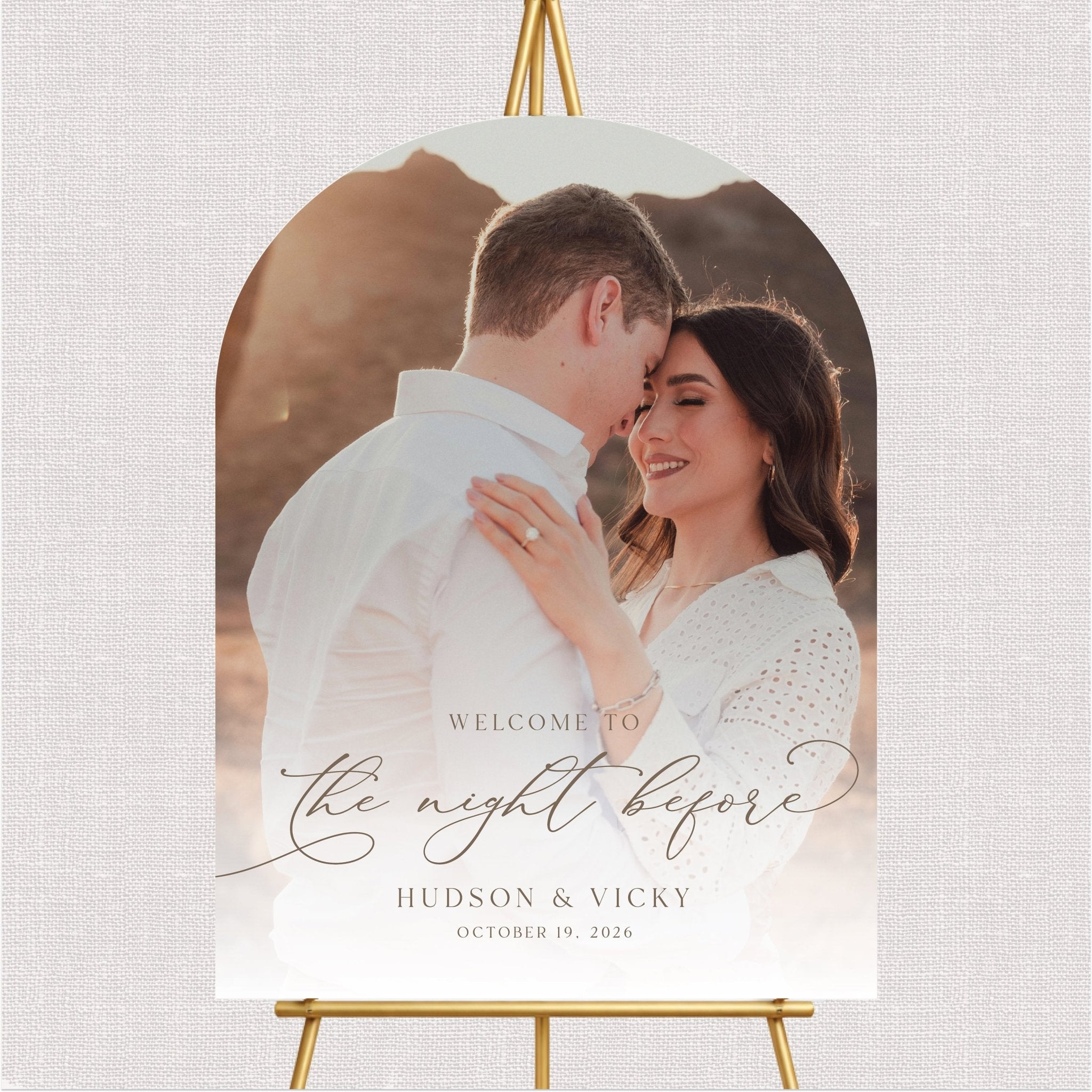 Arched welcome sign with photo and personalized wedding text in script font