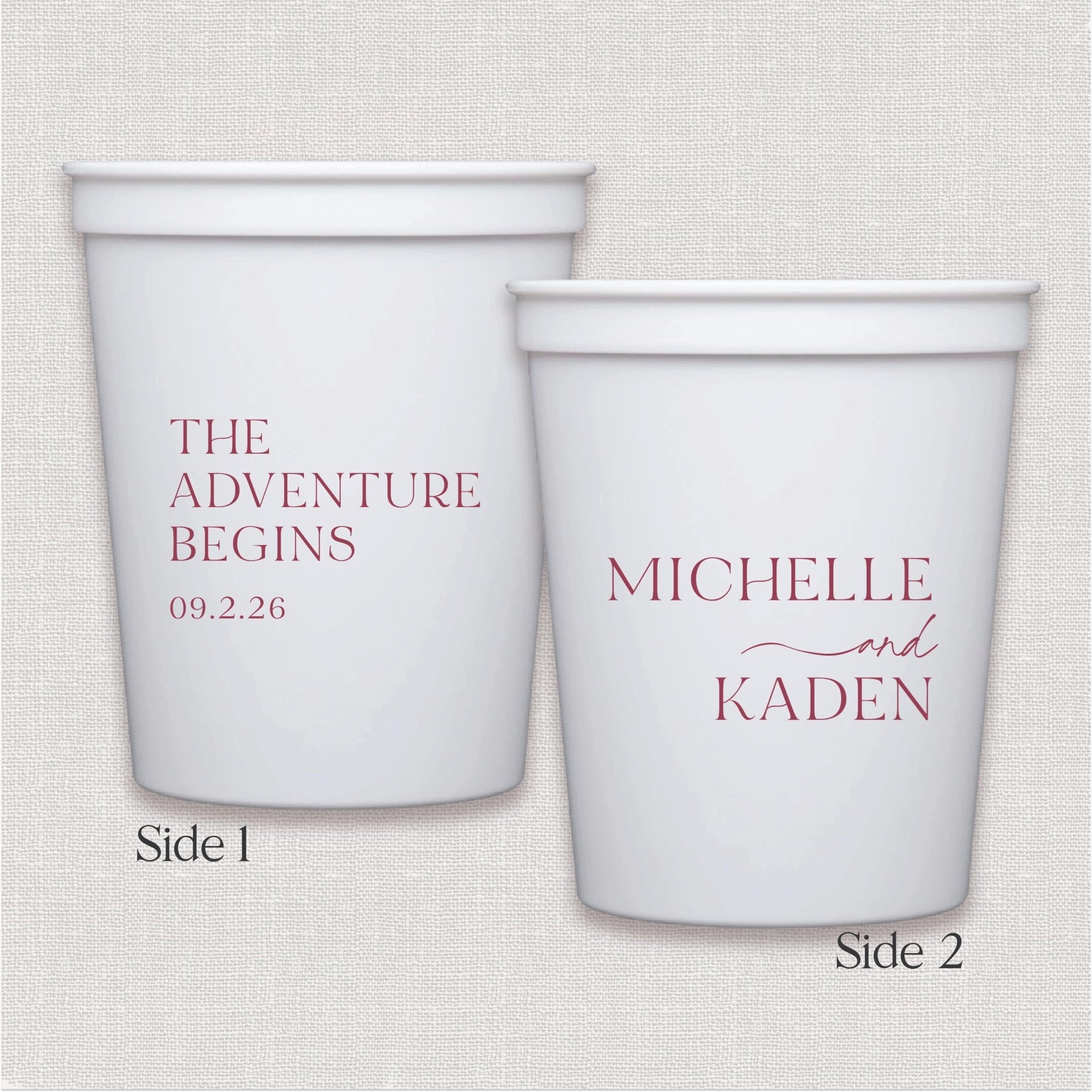 White stadium cup with mauve wedding text design and personalized couple names