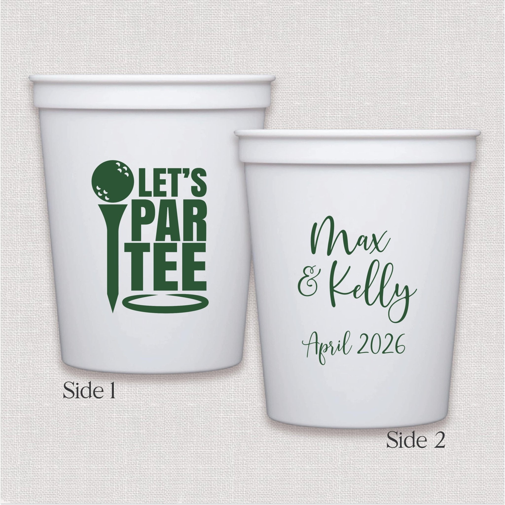 White stadium cup with golf par-tee design and personalized wedding text in green script