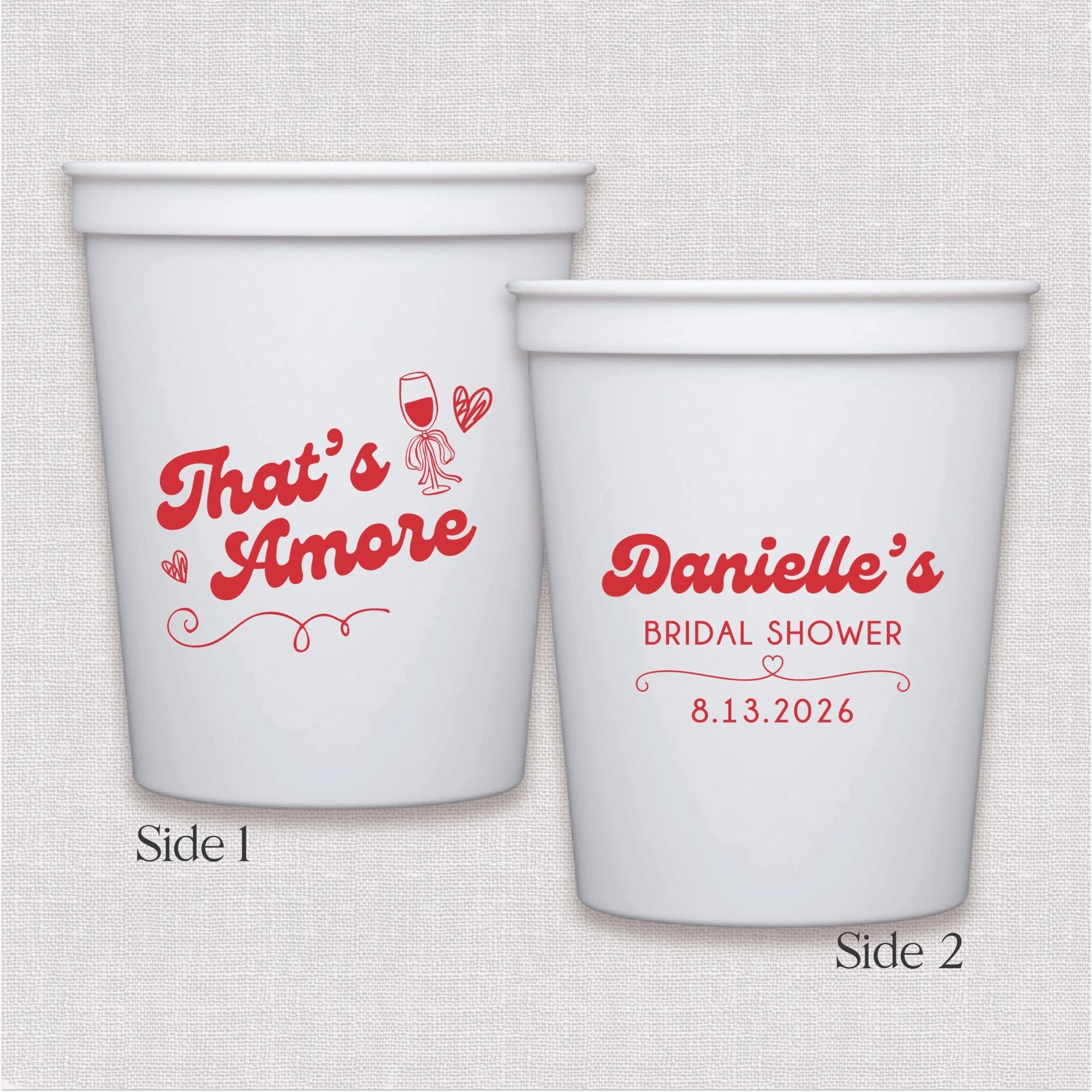 White stadium cup with red personalized text champagne glass design and personalized bridal shower text
