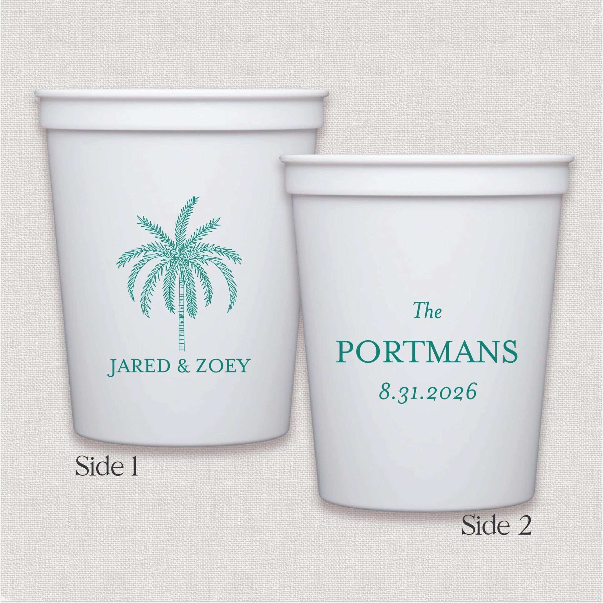 White stadium cup with teal palm tree and personalized wedding text design
