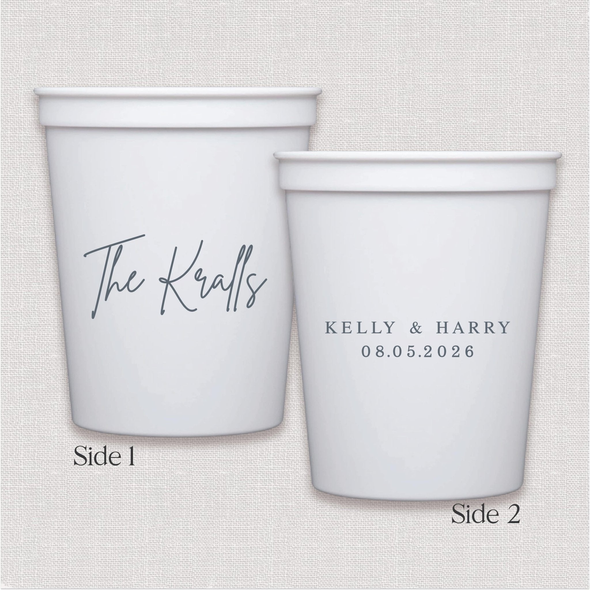 White stadium cup with script personalized wedding text and date on both sides