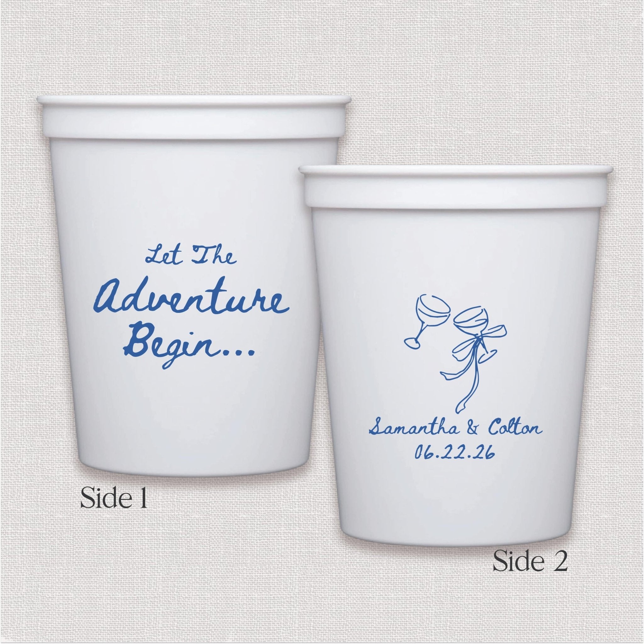 White stadium cup with blue script wedding text and champagne toast design