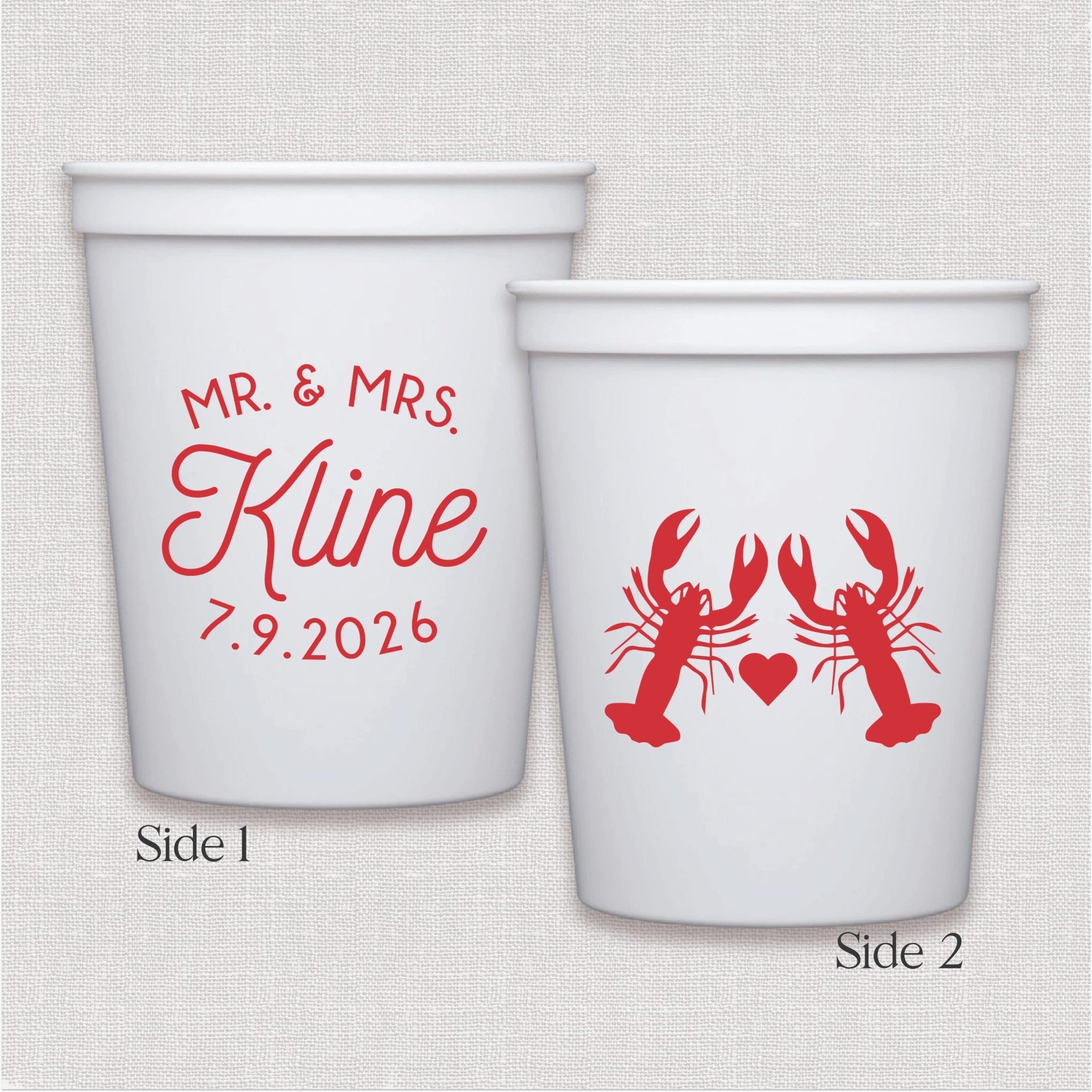 White stadium cup with red lobster and heart wedding design, personalized text on reverse side