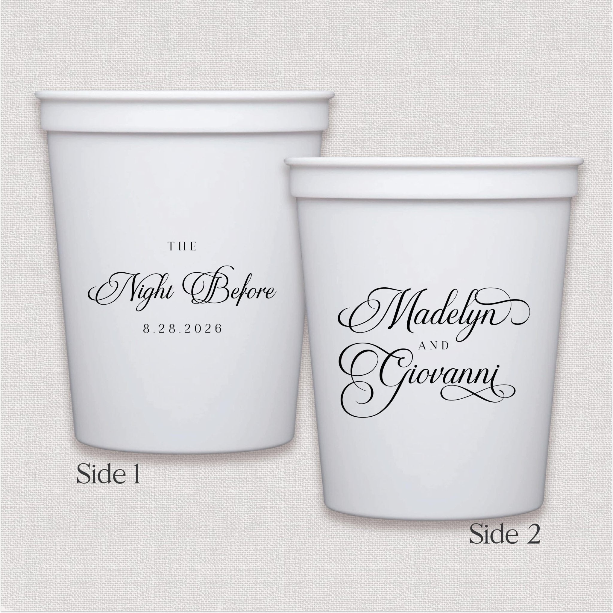 White stadium cup with elegant script wedding text in black ink, two-sided design