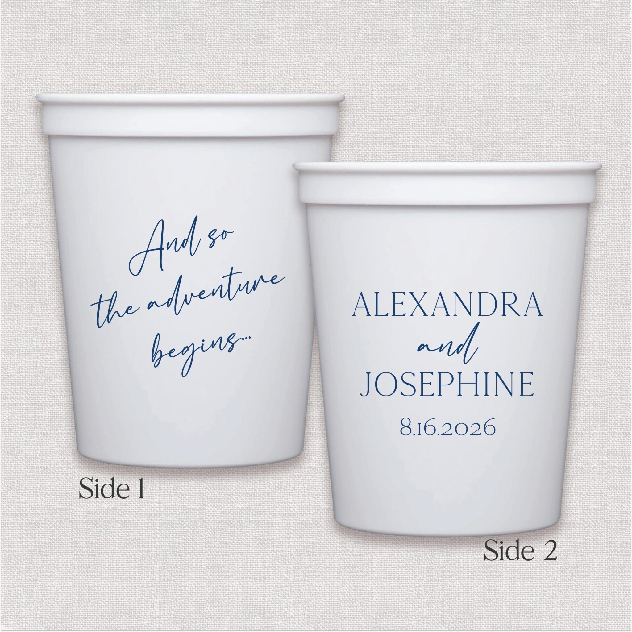 White stadium cup with personalized wedding text and script design in blue ink, double-sided print