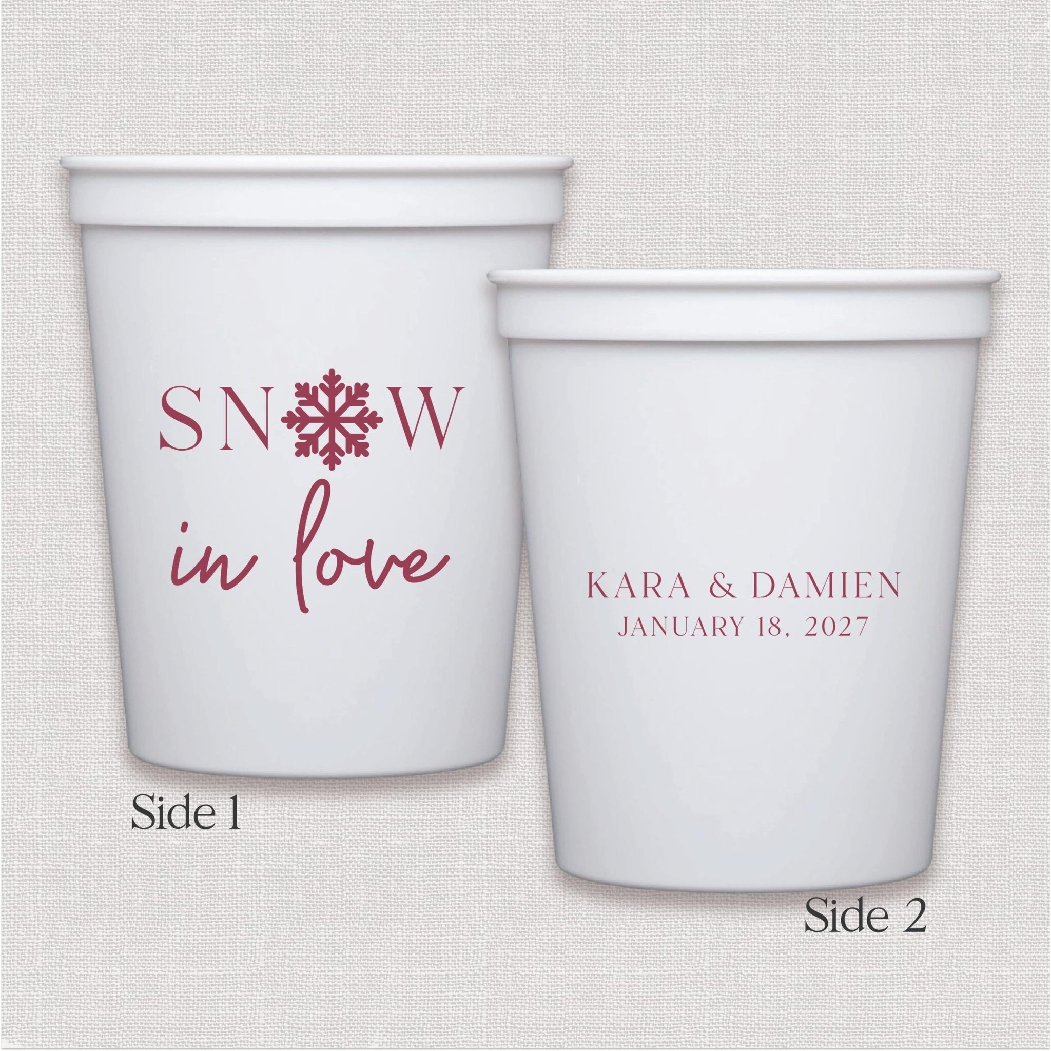White stadium cup with snowflake and snow in love script text wedding design in burgundy print