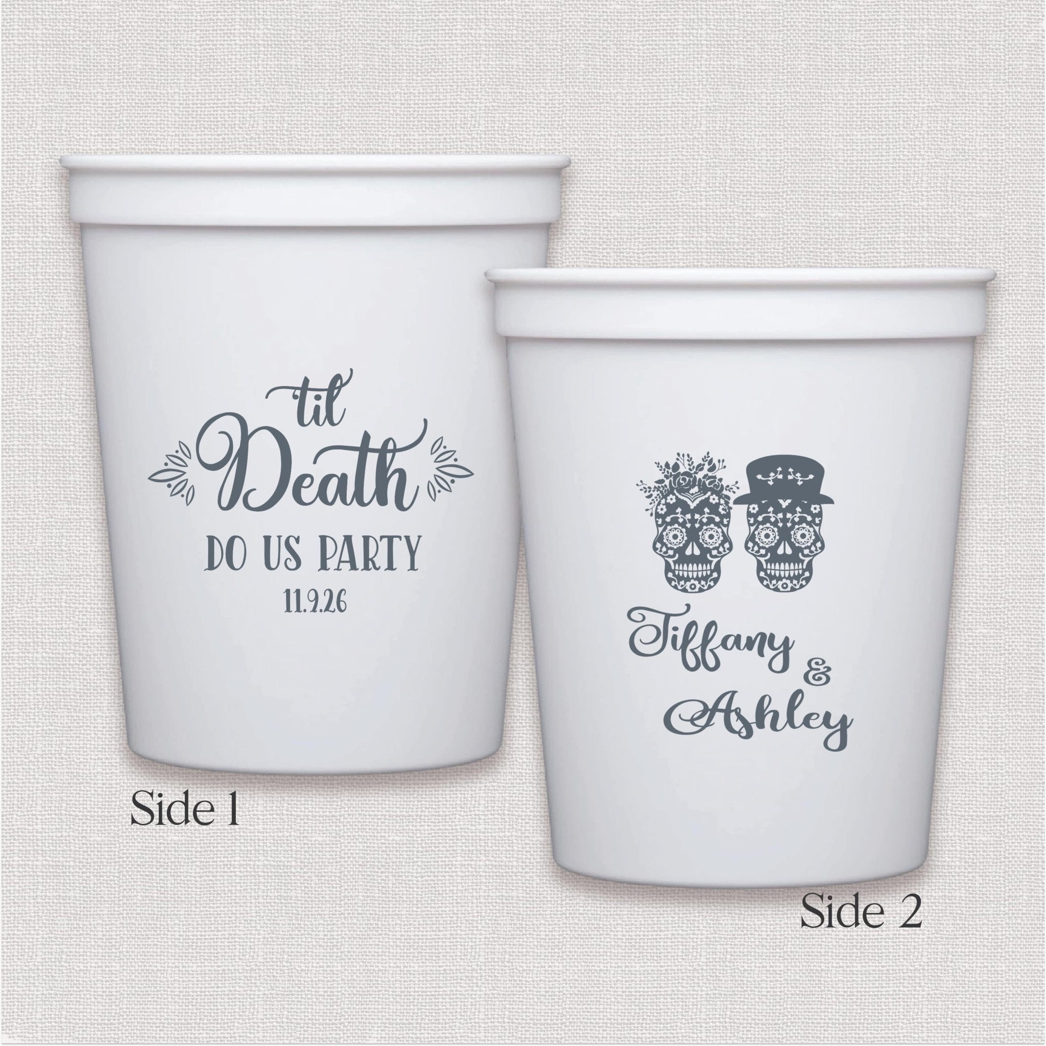 White stadium cup with skull floral design and personalized wedding text in script