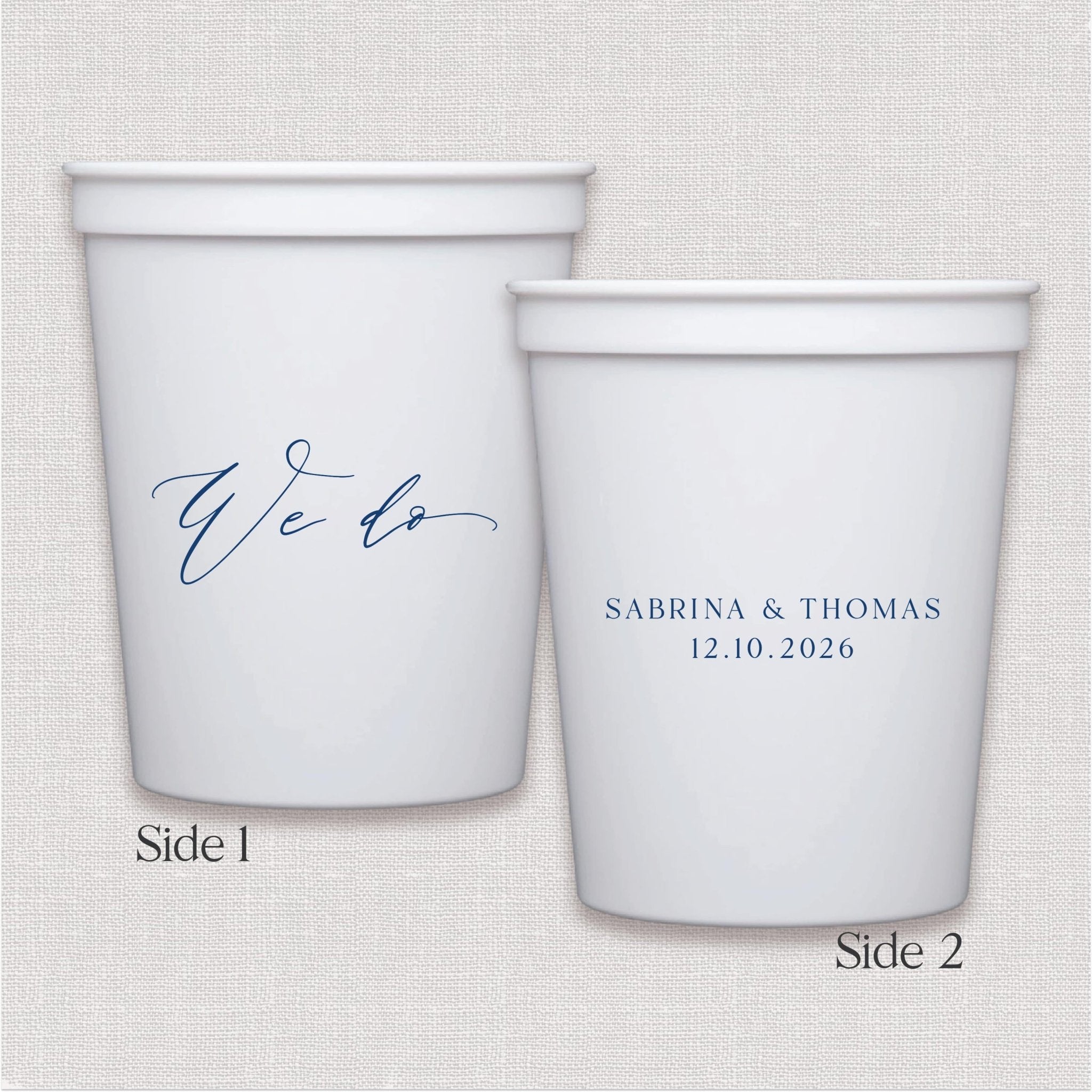 White stadium cup with personalized text script design and personalized wedding text in blue print.