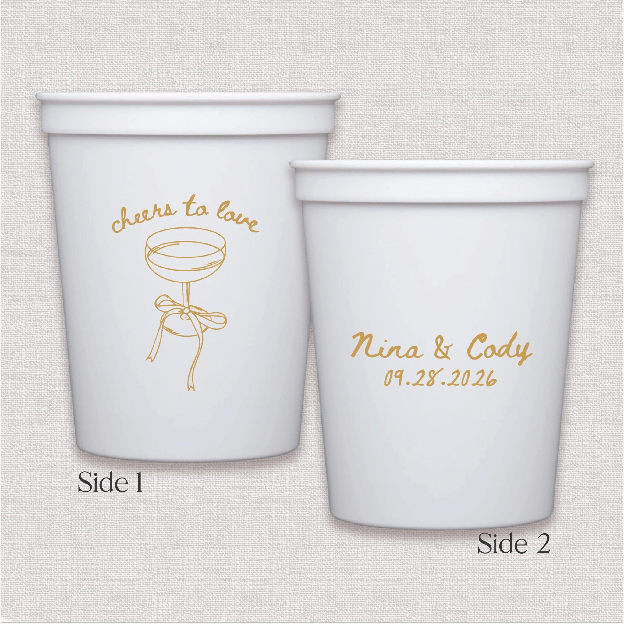 White stadium cup with gold cheers design and personalized wedding text