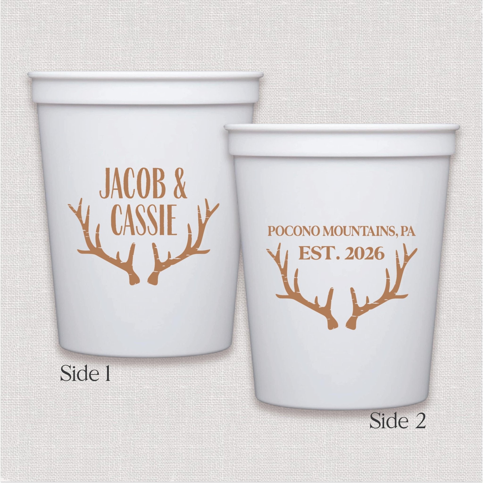 White stadium cup with antler design and personalized wedding text in copper foil print