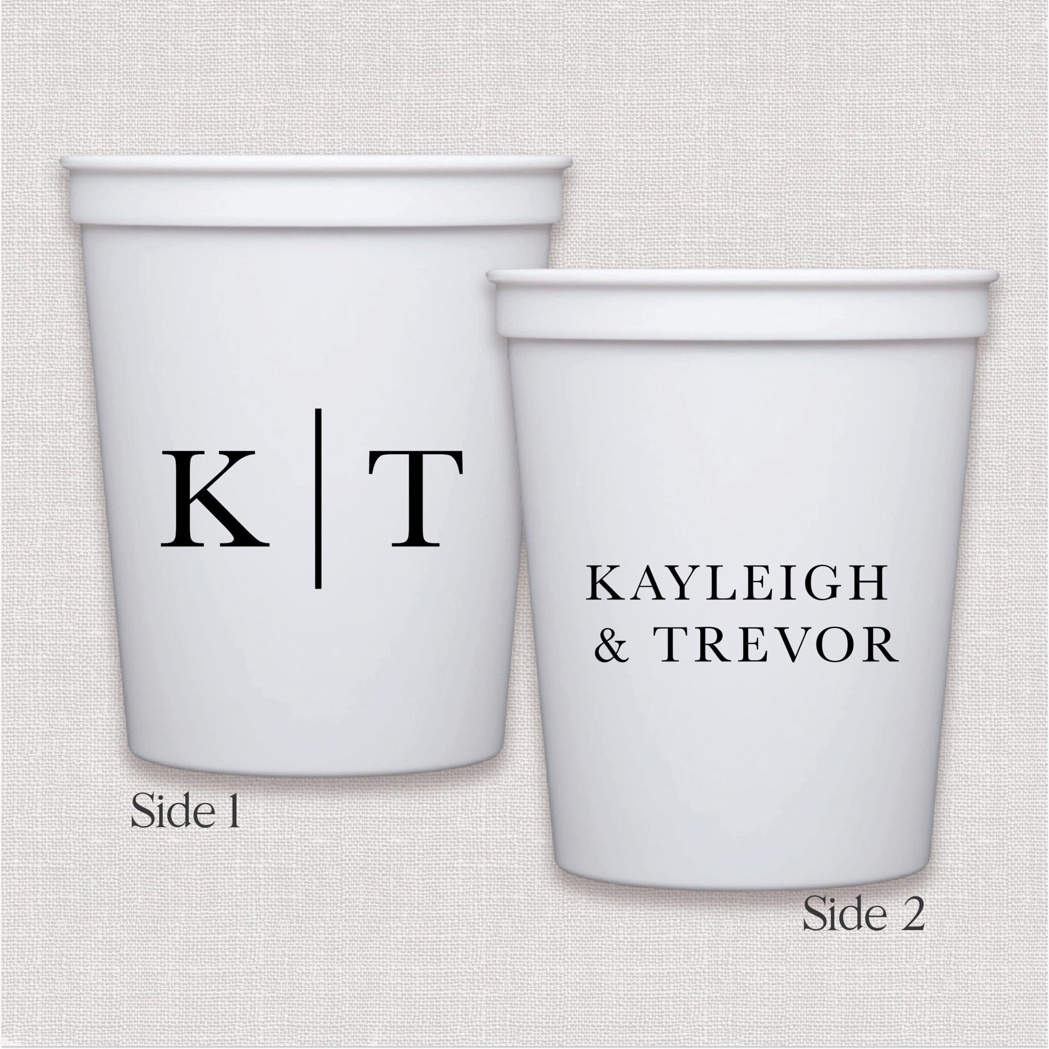 White stadium cup with personalized initials and couple names in black script text design