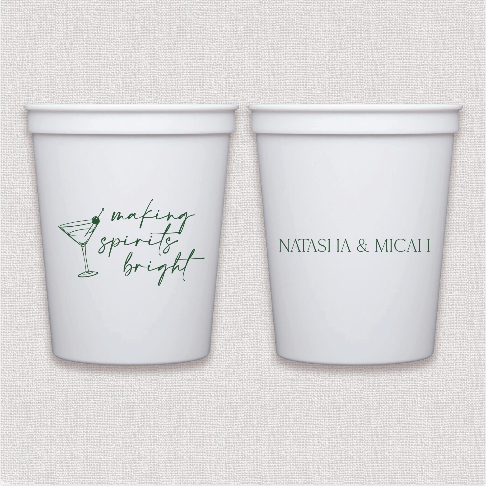 White stadium cup with cocktail glass and script text design, personalized couple names on reverse side