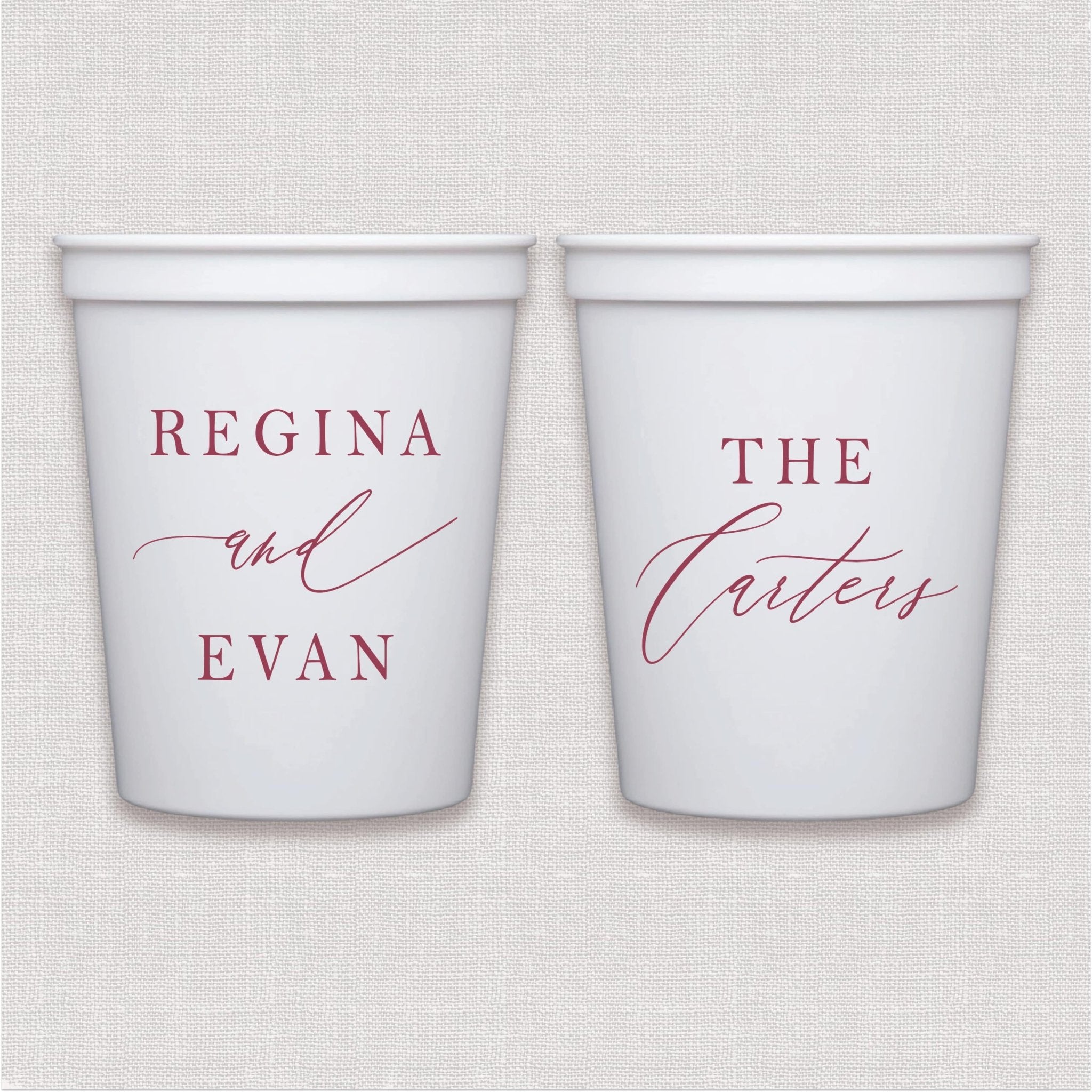 White stadium cup with mauve script wedding text and personalized couple names design