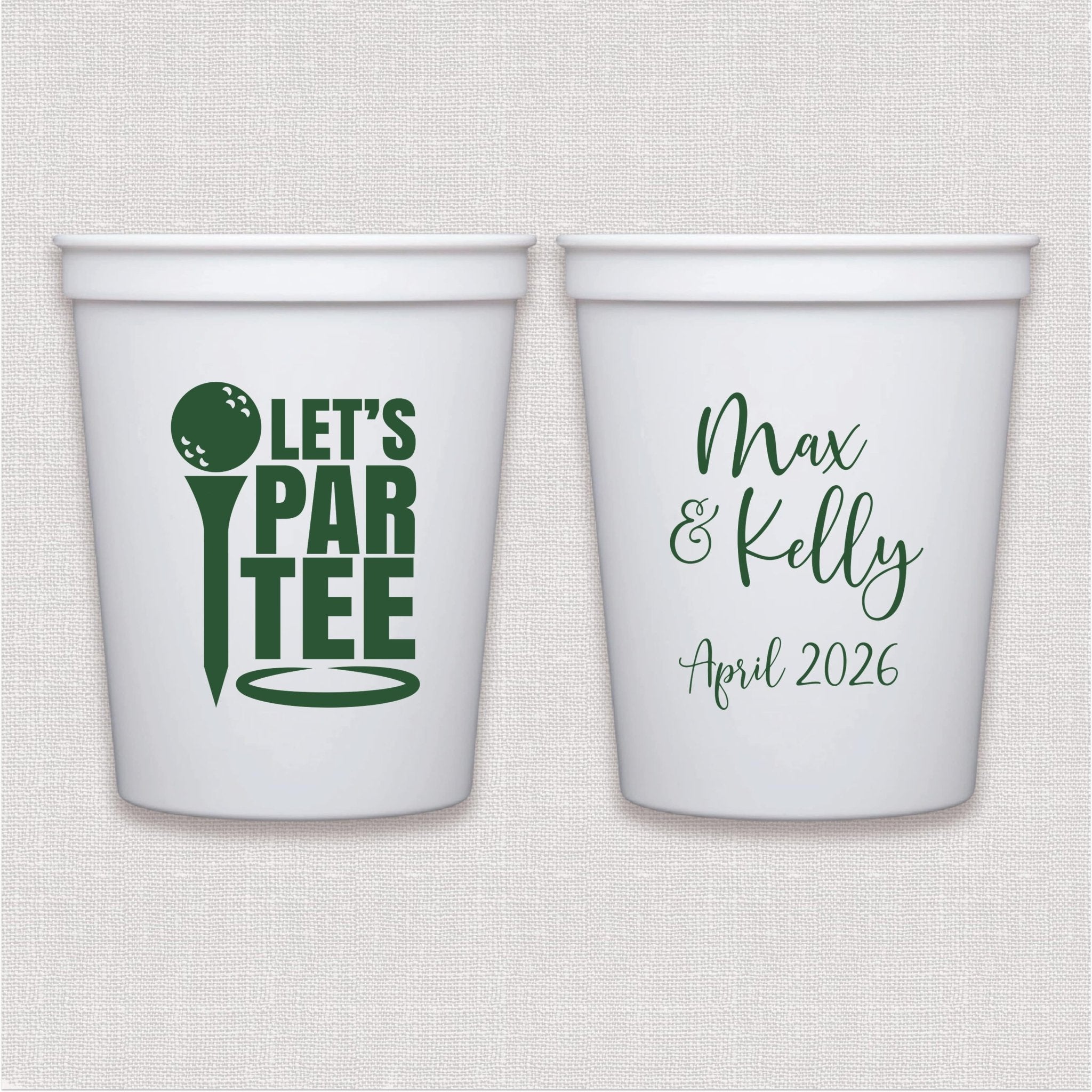 White stadium cups with green golf tee design and personalized wedding text in script