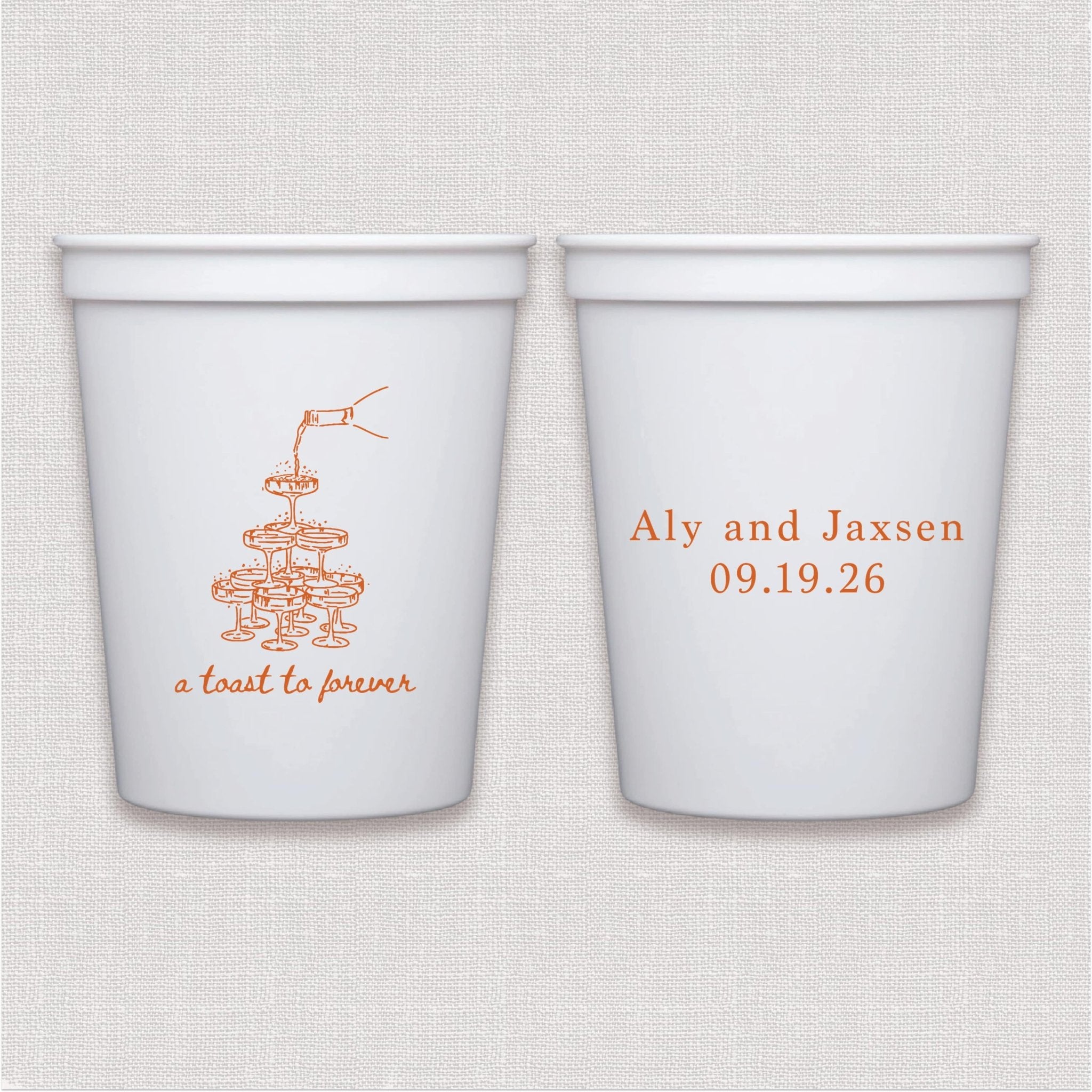 White stadium cup with coral toast design and personalized wedding text