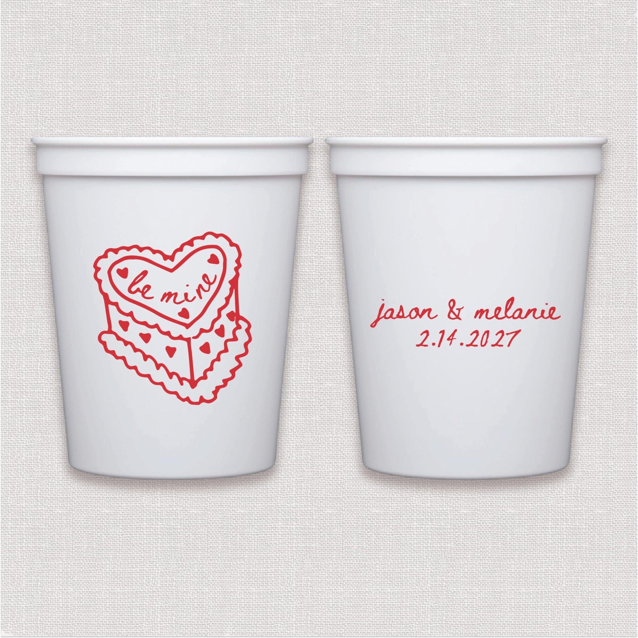White stadium cup with red heart and personalized wedding text design