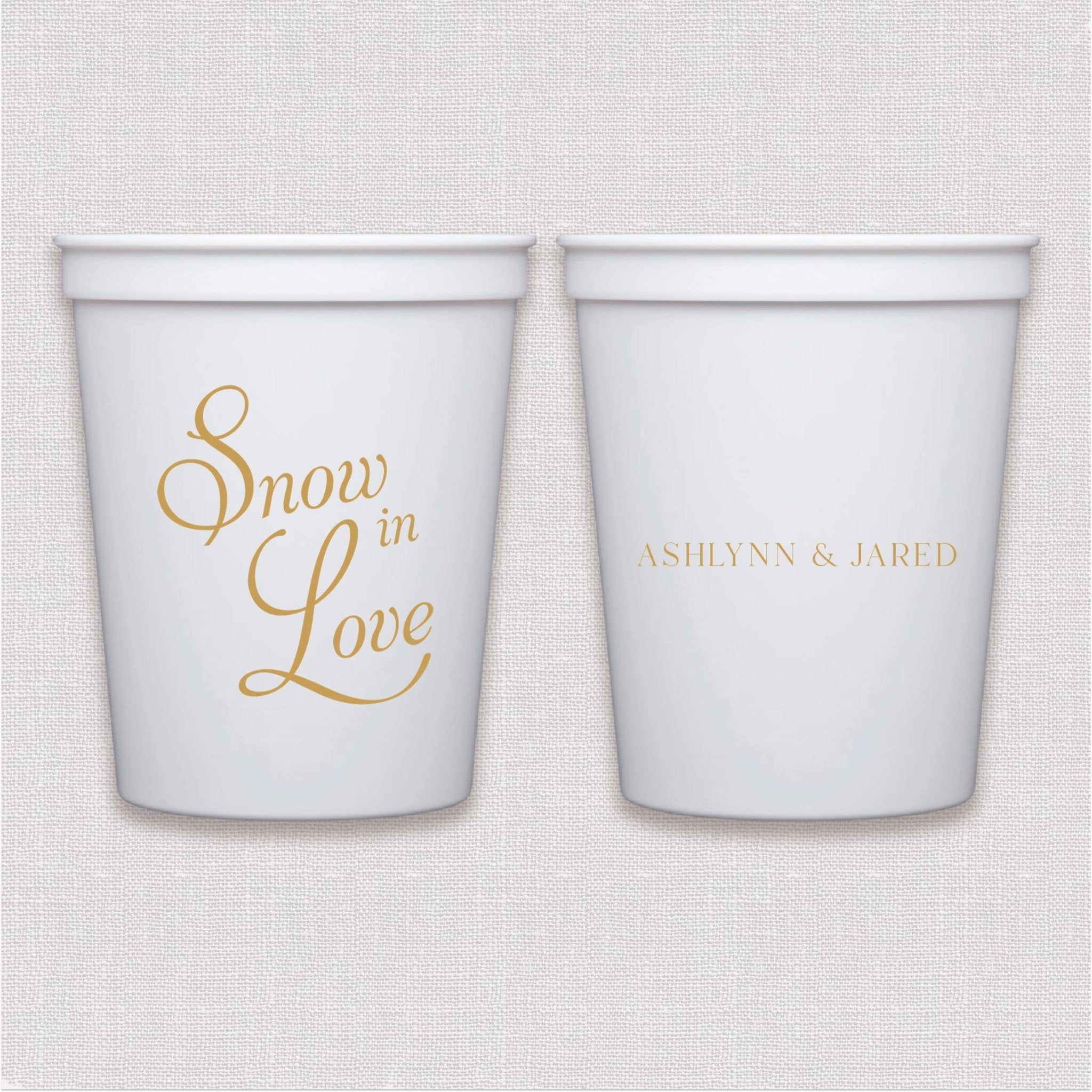 White stadium cup with gold personalized text script and personalized wedding text