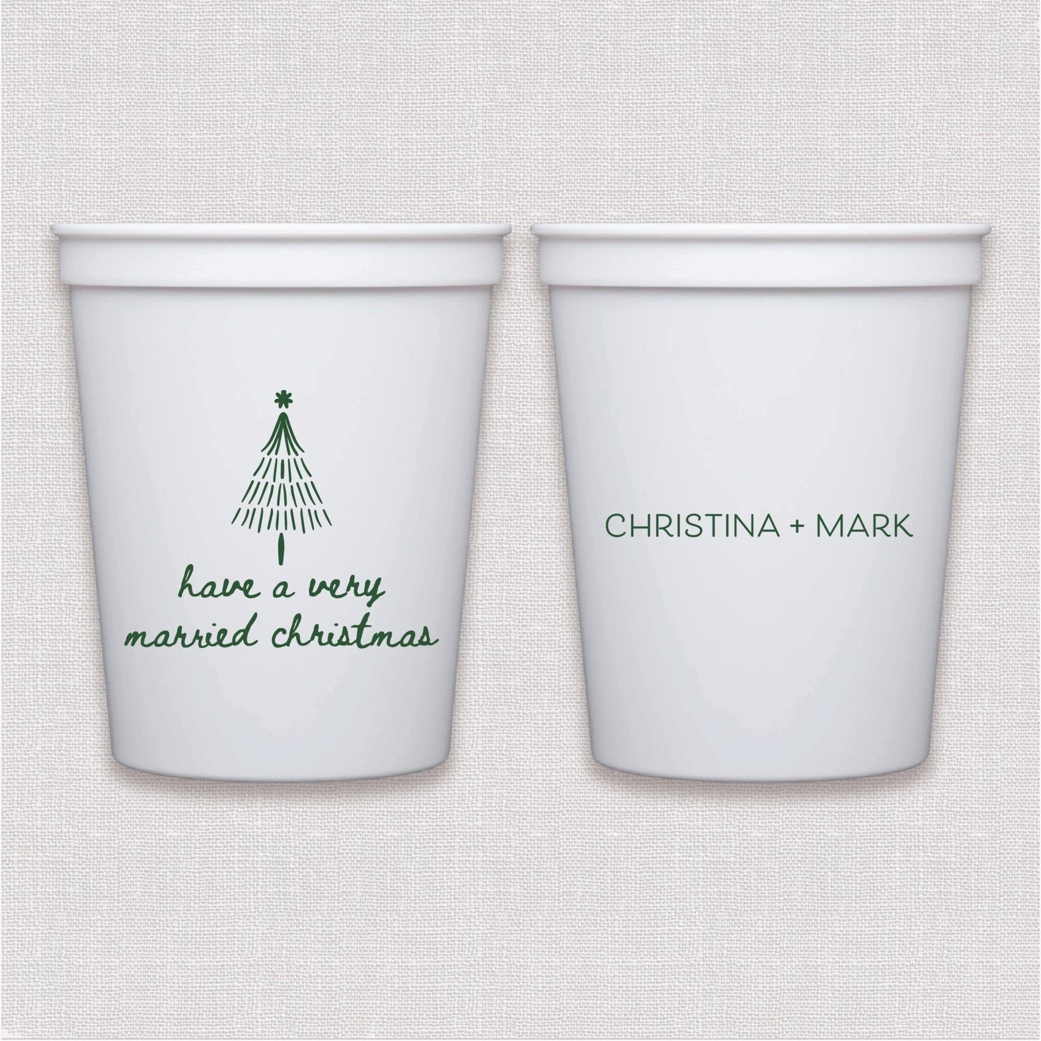 White stadium cup with Christmas tree and personalized wedding text design