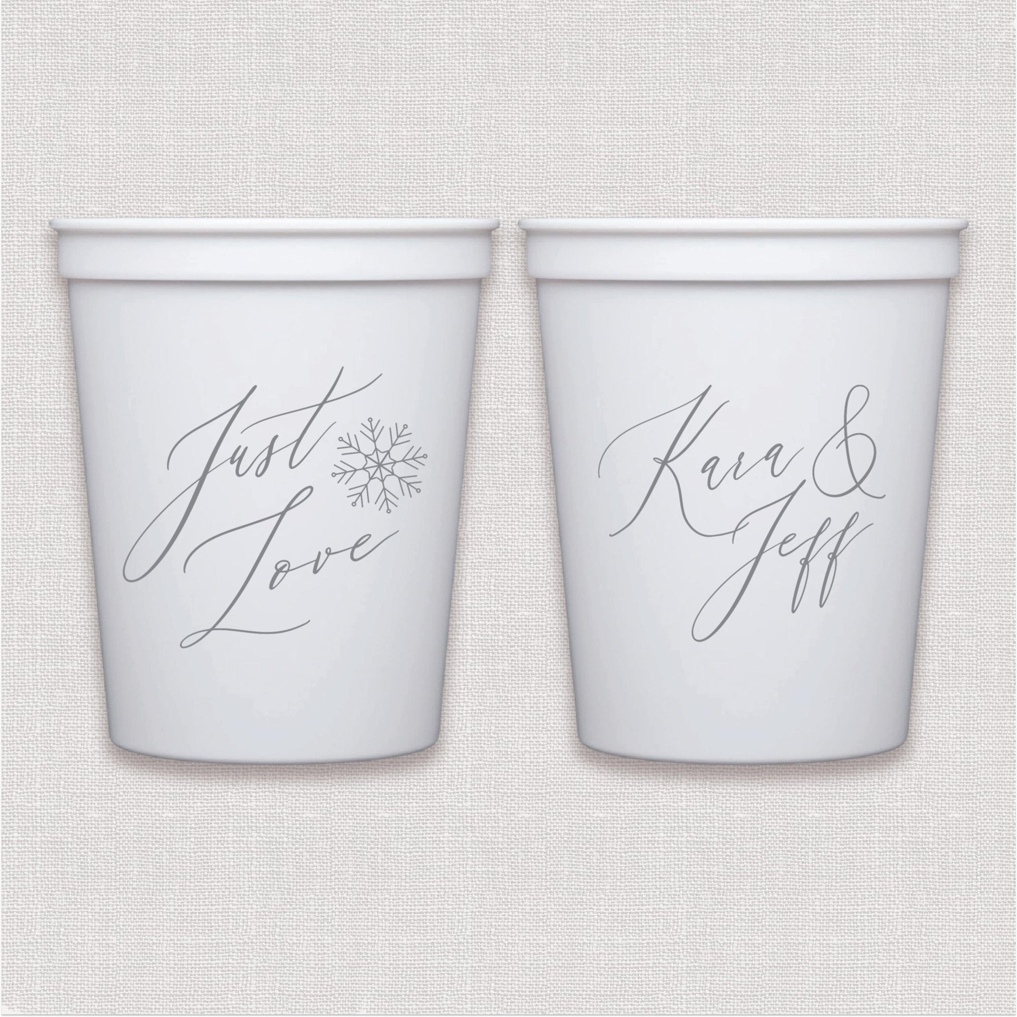 White stadium cups with script wedding text and dandelion design