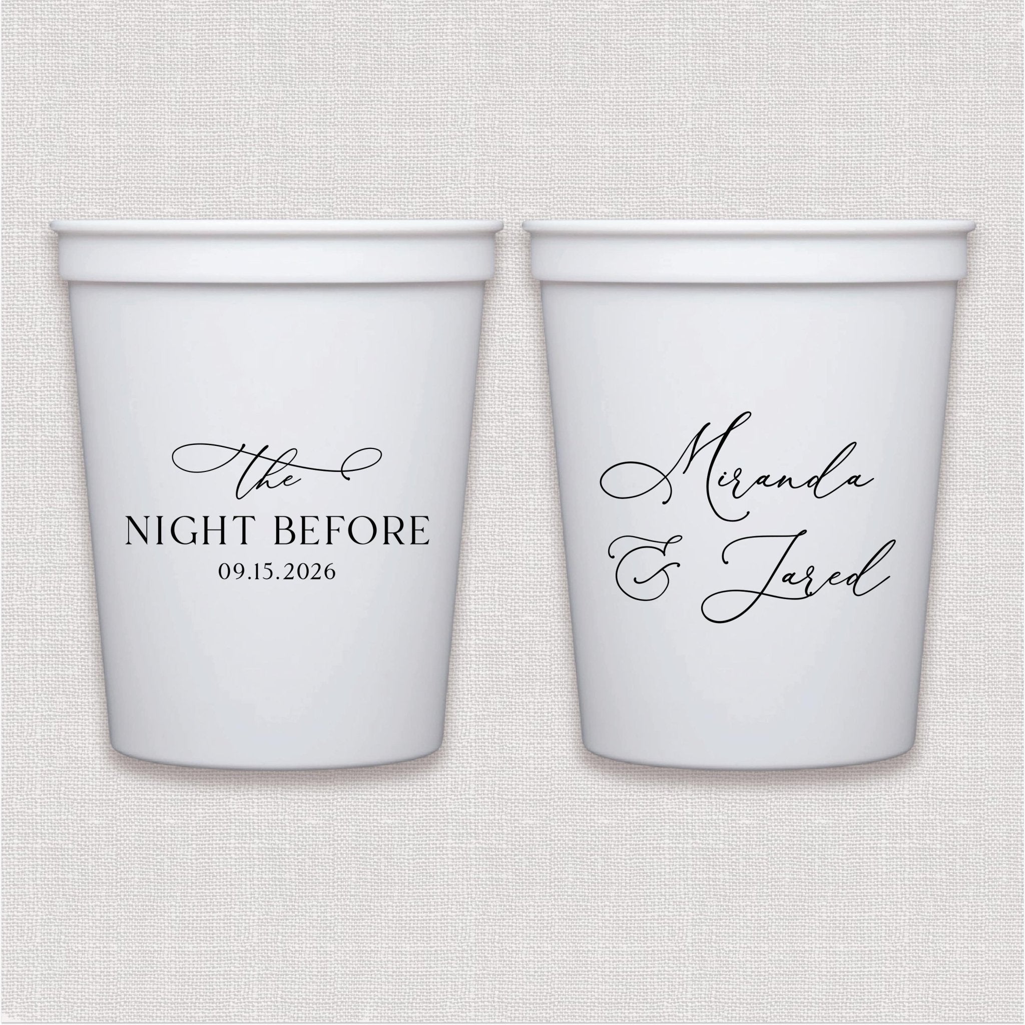 White stadium cups with personalized wedding text and script names in black ink design