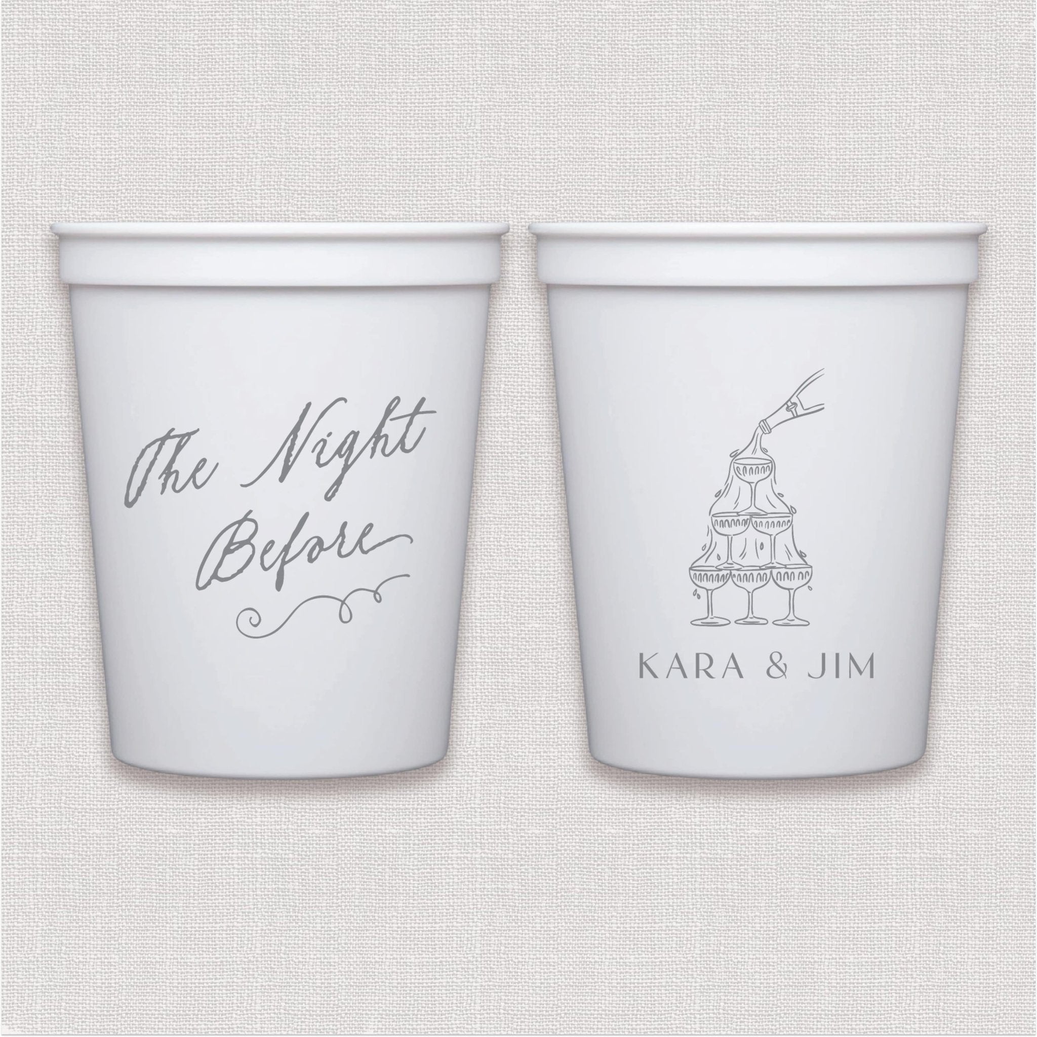 White stadium cup with personalized text script text and wedding cake illustration design in gray