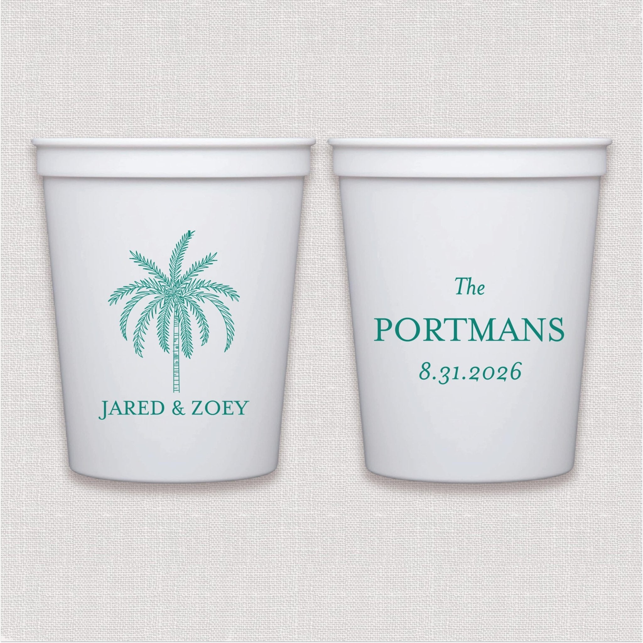 White stadium cups with teal palm tree and personalized wedding text design